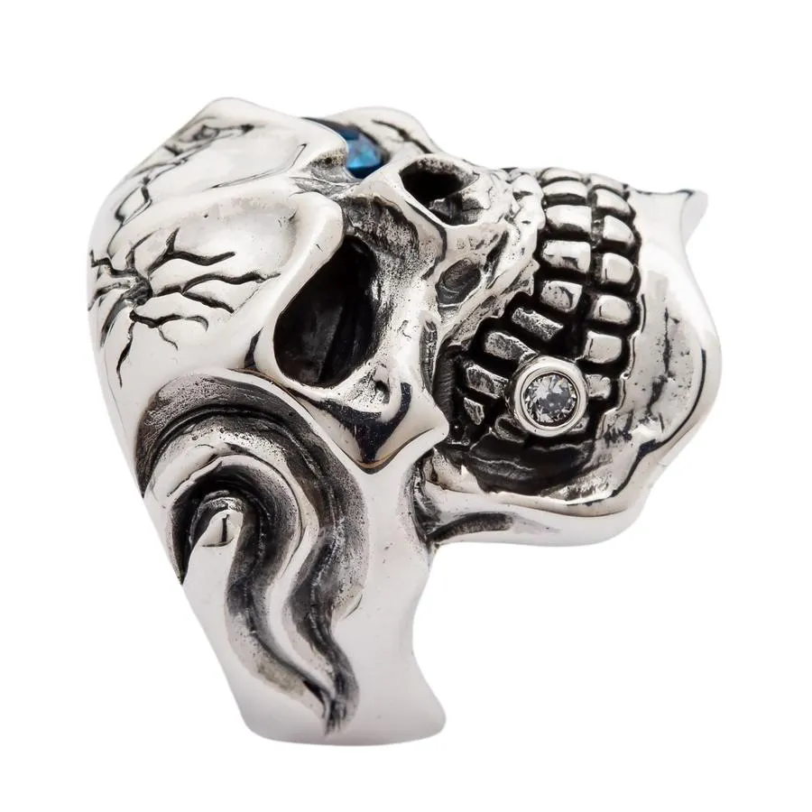 Blue Eye Silver Skull Heavy Ring