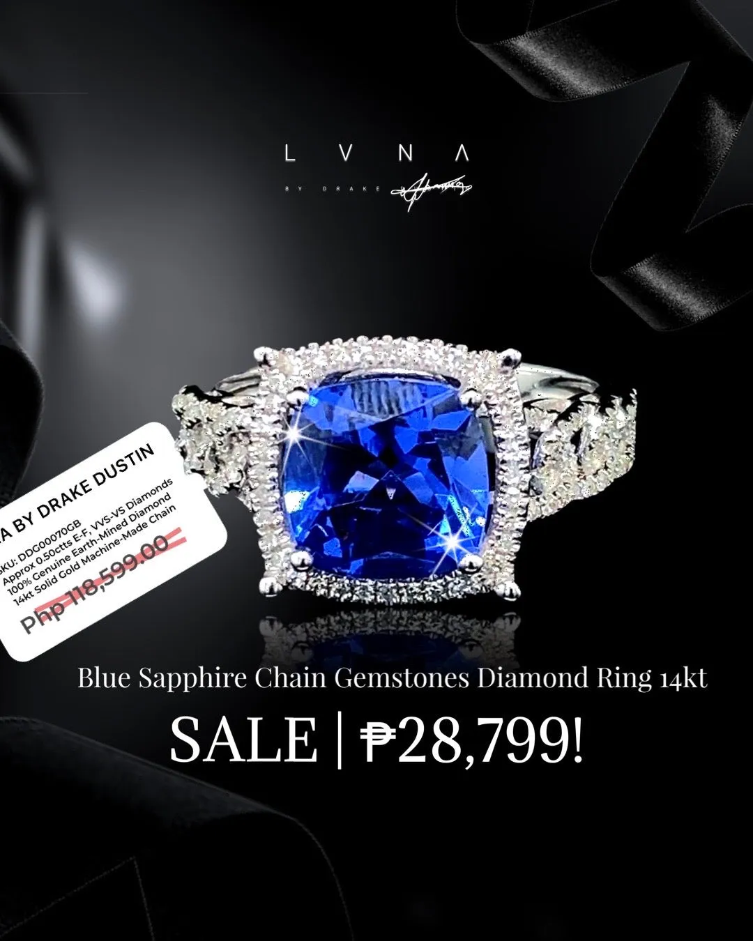 Blue Sapphire Chain Gemstones Diamond Ring 14kt