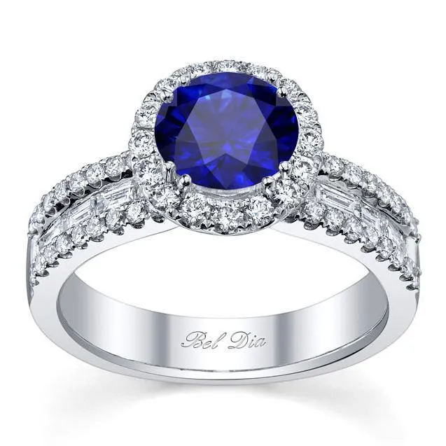 Blue Sapphire Round Halo Ring with Baguettes