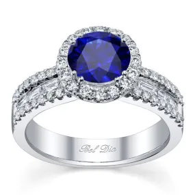 Blue Sapphire Round Halo Ring with Baguettes