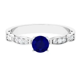 Blue Sapphire Solitaire Engagement Ring with Diamond Side Stones