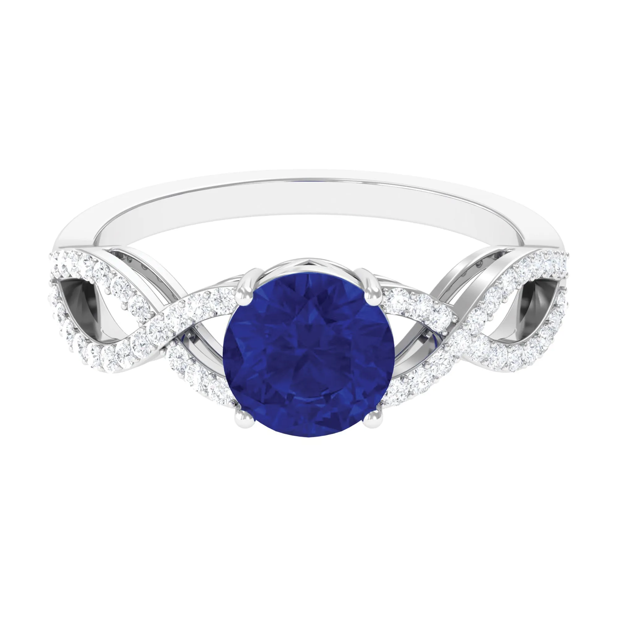 Certified Lab Grown Blue Sapphire Round Engagement Ring With Moissanite