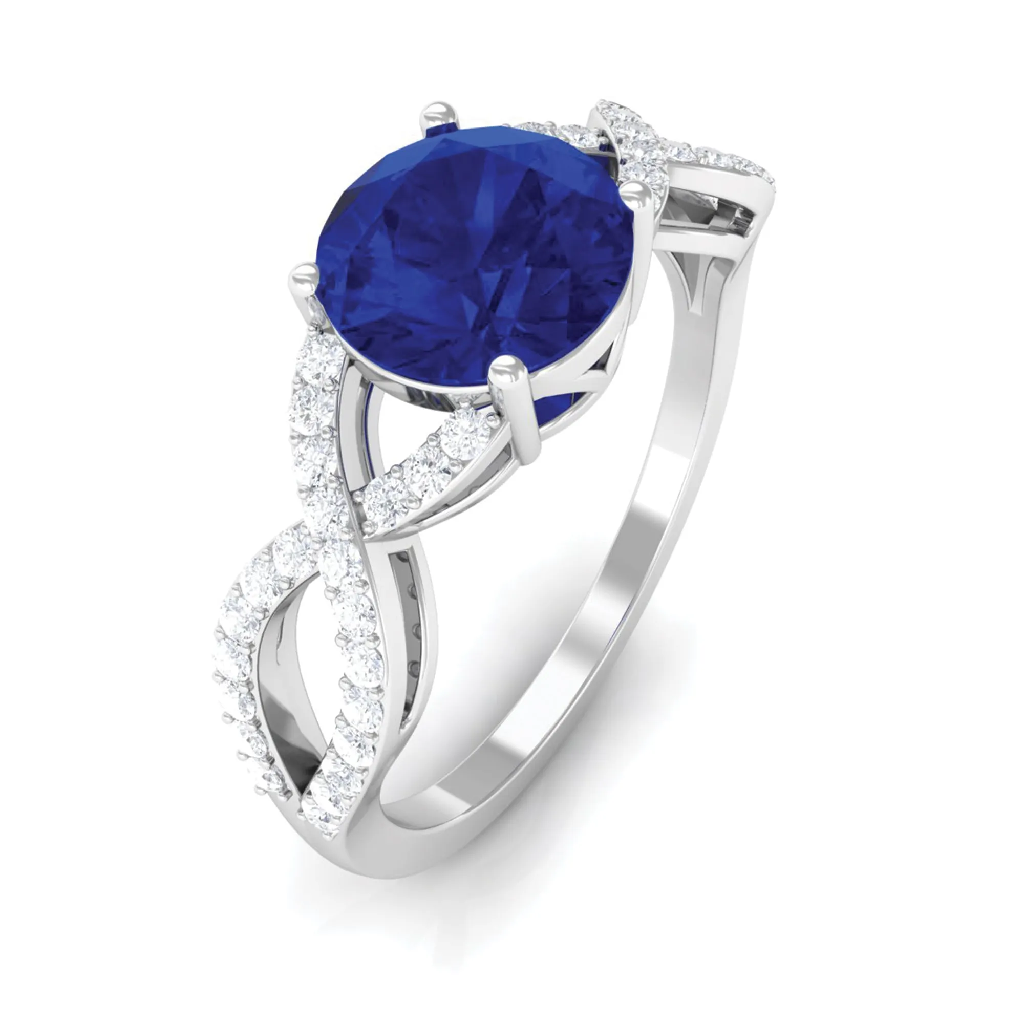 Certified Lab Grown Blue Sapphire Round Engagement Ring With Moissanite
