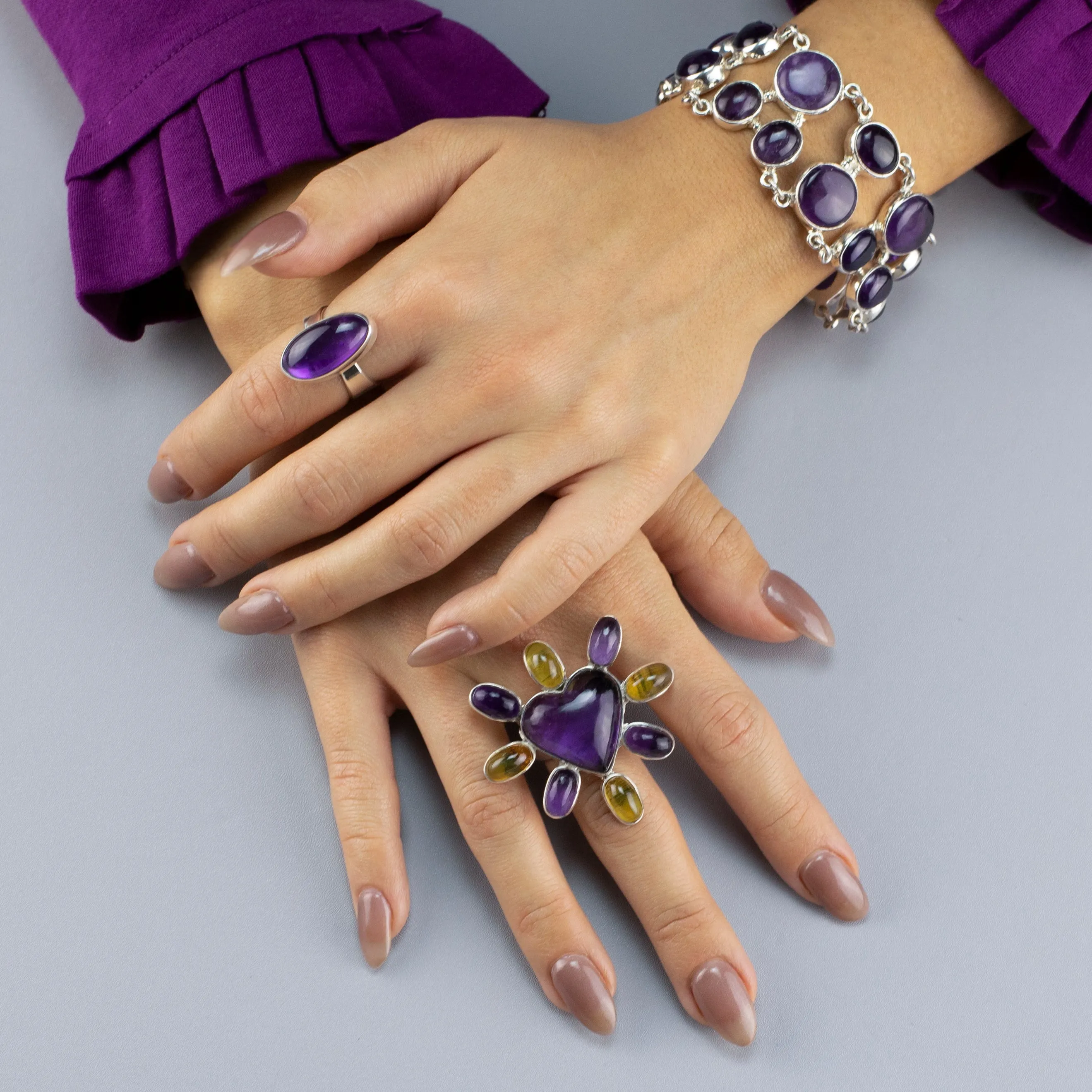 Chunky Amethyst and Amber Heart Statement Ring