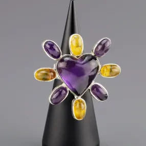 Chunky Amethyst and Amber Heart Statement Ring