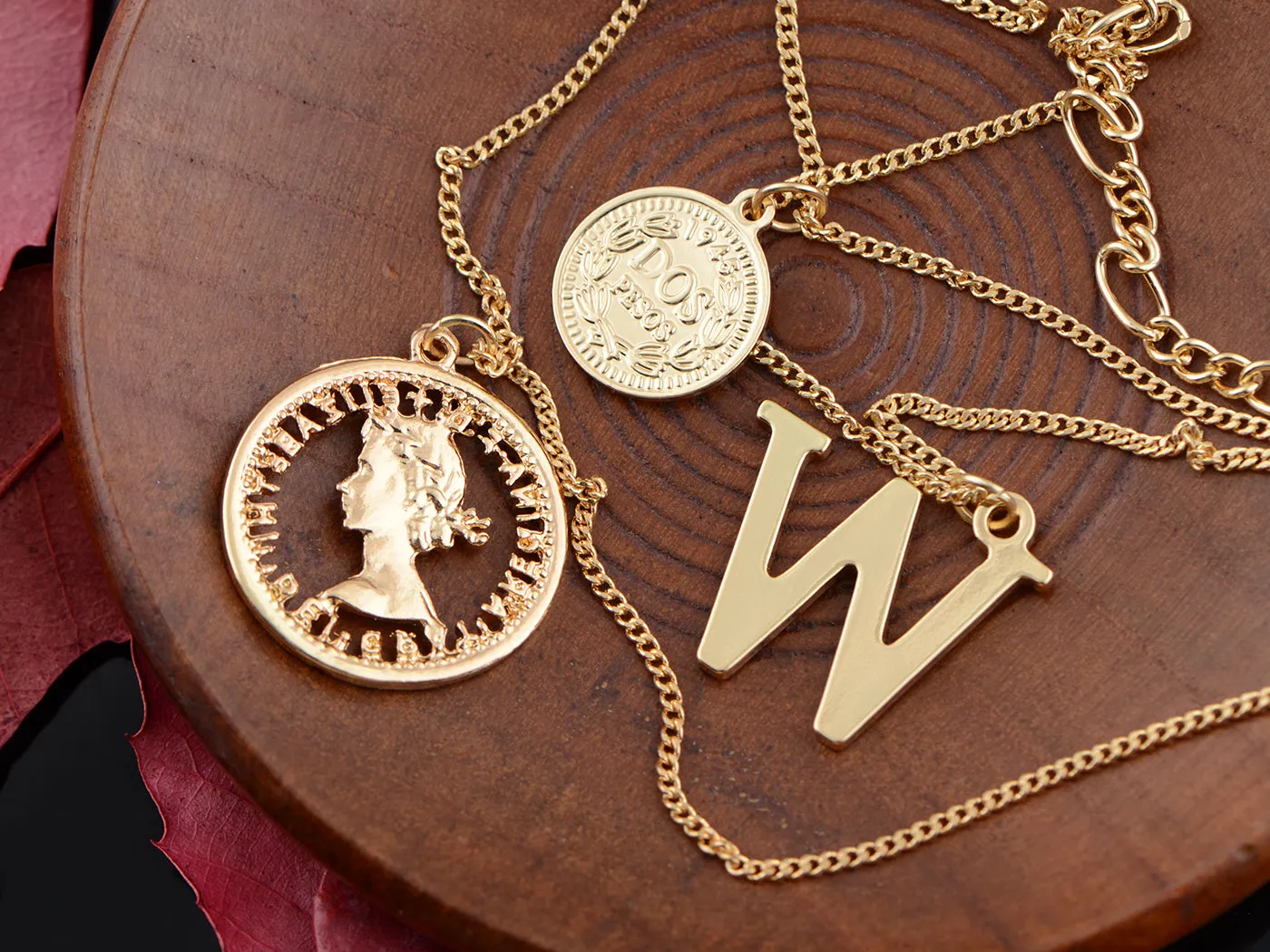 Coin Pendant W Initial Charm Layered Chains Choker Necklace Anniversary Set