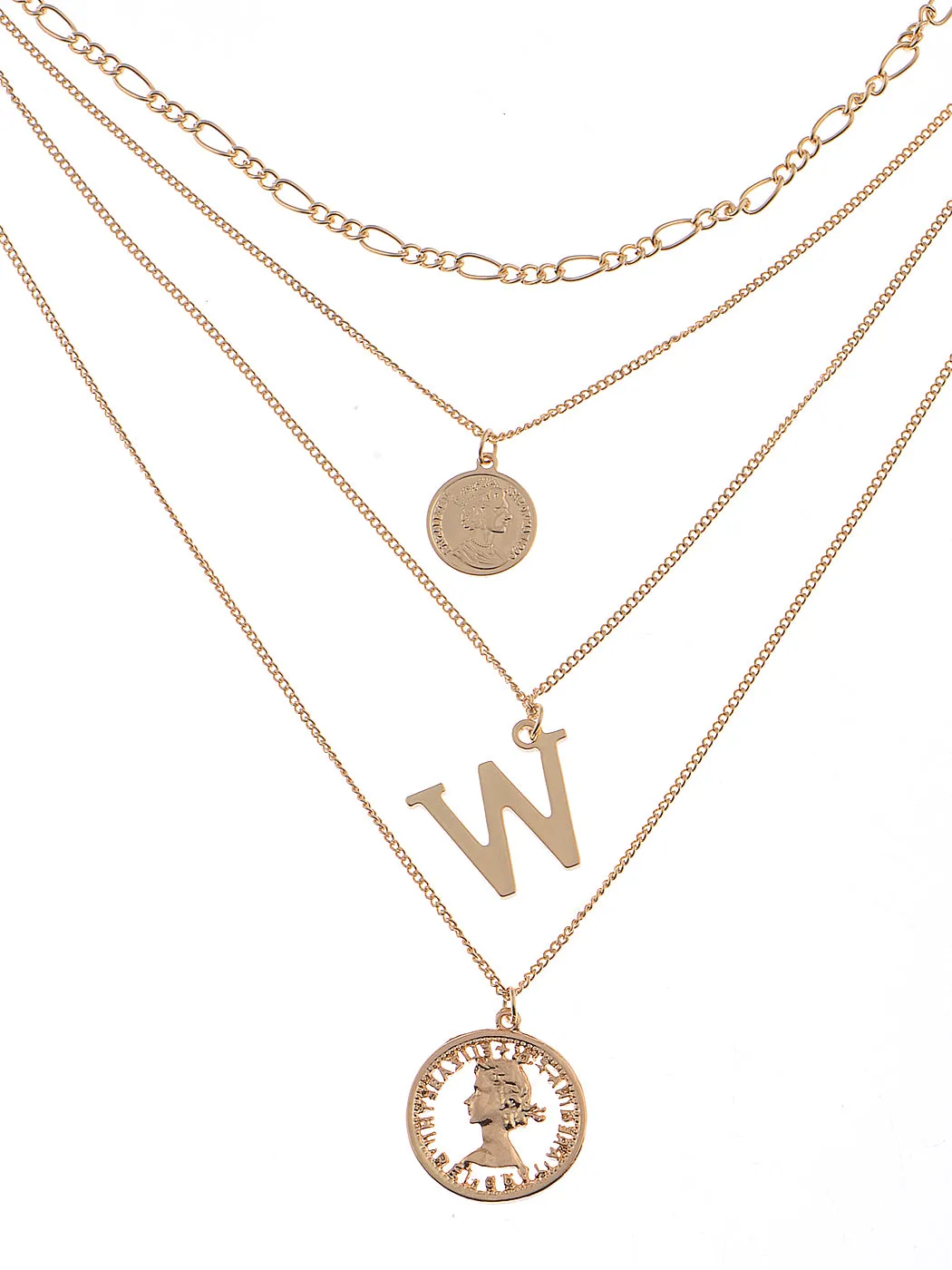 Coin Pendant W Initial Charm Layered Chains Choker Necklace Anniversary Set