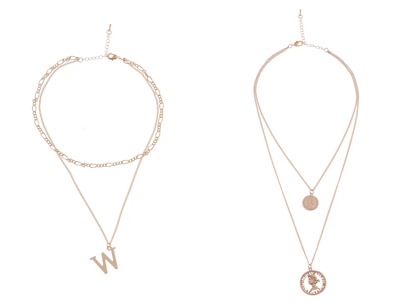 Coin Pendant W Initial Charm Layered Chains Choker Necklace Anniversary Set