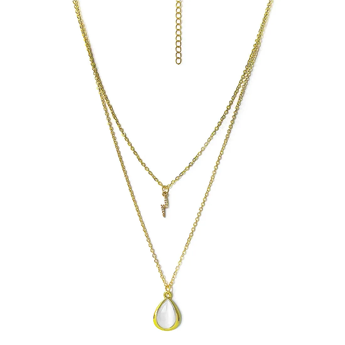Contemporary Diamante Studded Lightning & Moonstone Teardrop Pendant Gold-Toned Multi-Layered Necklace