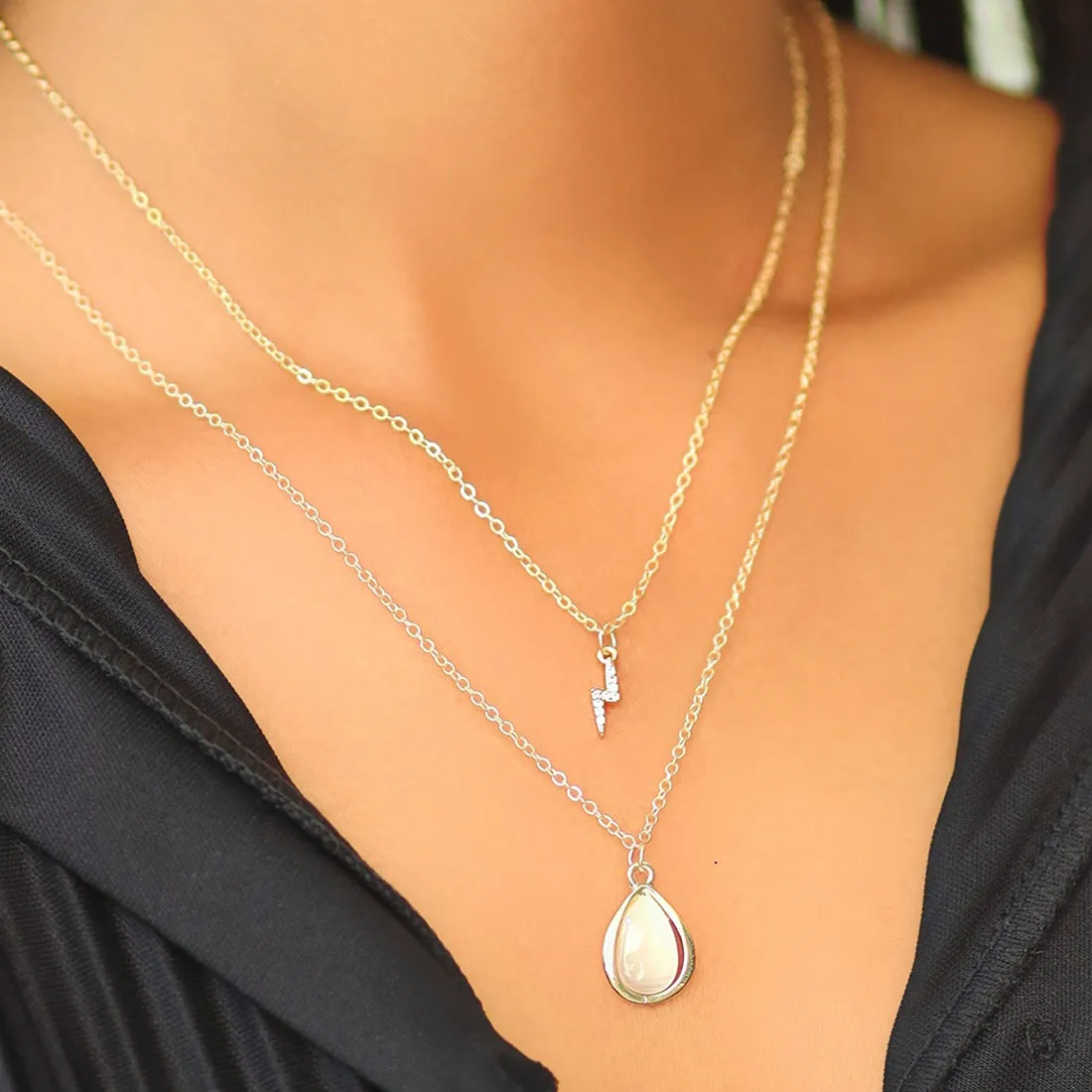 Contemporary Diamante Studded Lightning & Moonstone Teardrop Pendant Gold-Toned Multi-Layered Necklace
