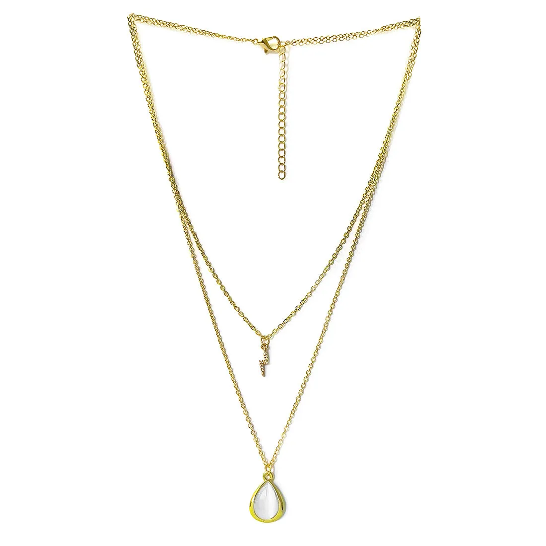 Contemporary Diamante Studded Lightning & Moonstone Teardrop Pendant Gold-Toned Multi-Layered Necklace