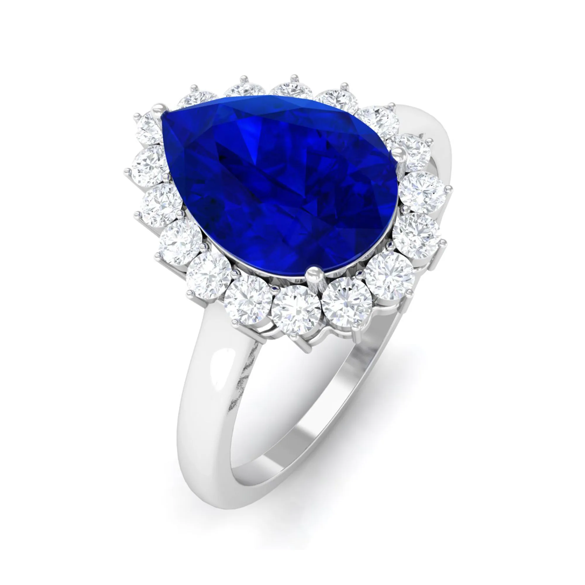 Created Blue Sapphire and Diamond Halo Teardrop Ring
