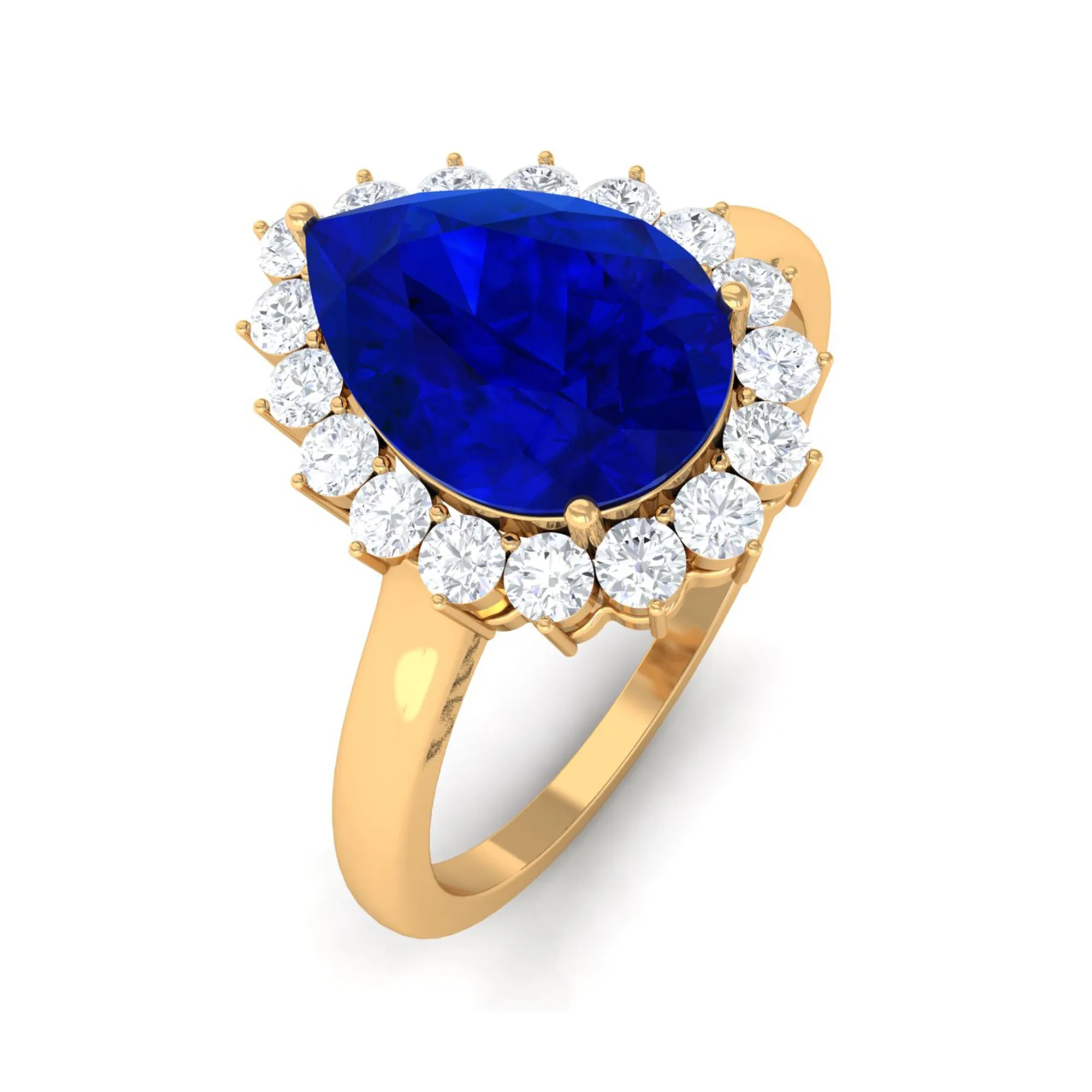 Created Blue Sapphire and Diamond Halo Teardrop Ring
