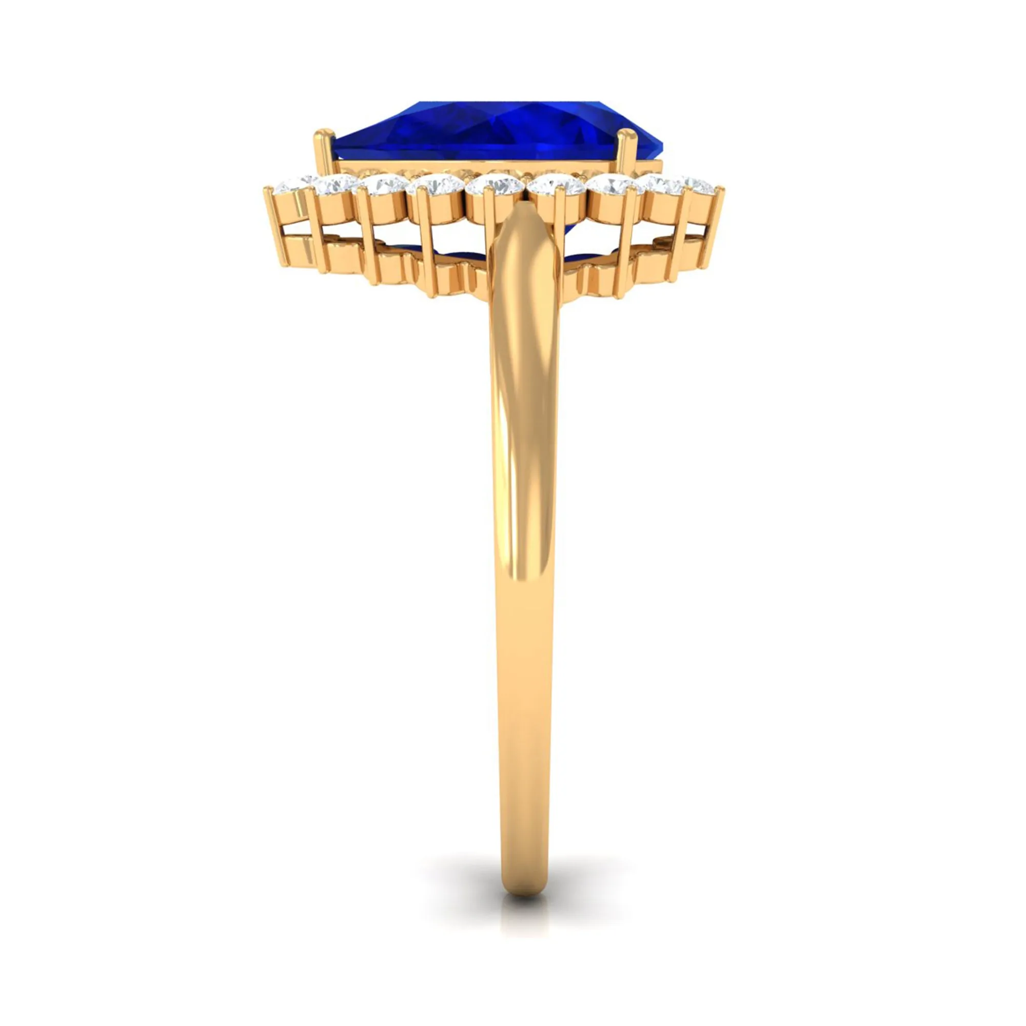 Created Blue Sapphire and Diamond Halo Teardrop Ring