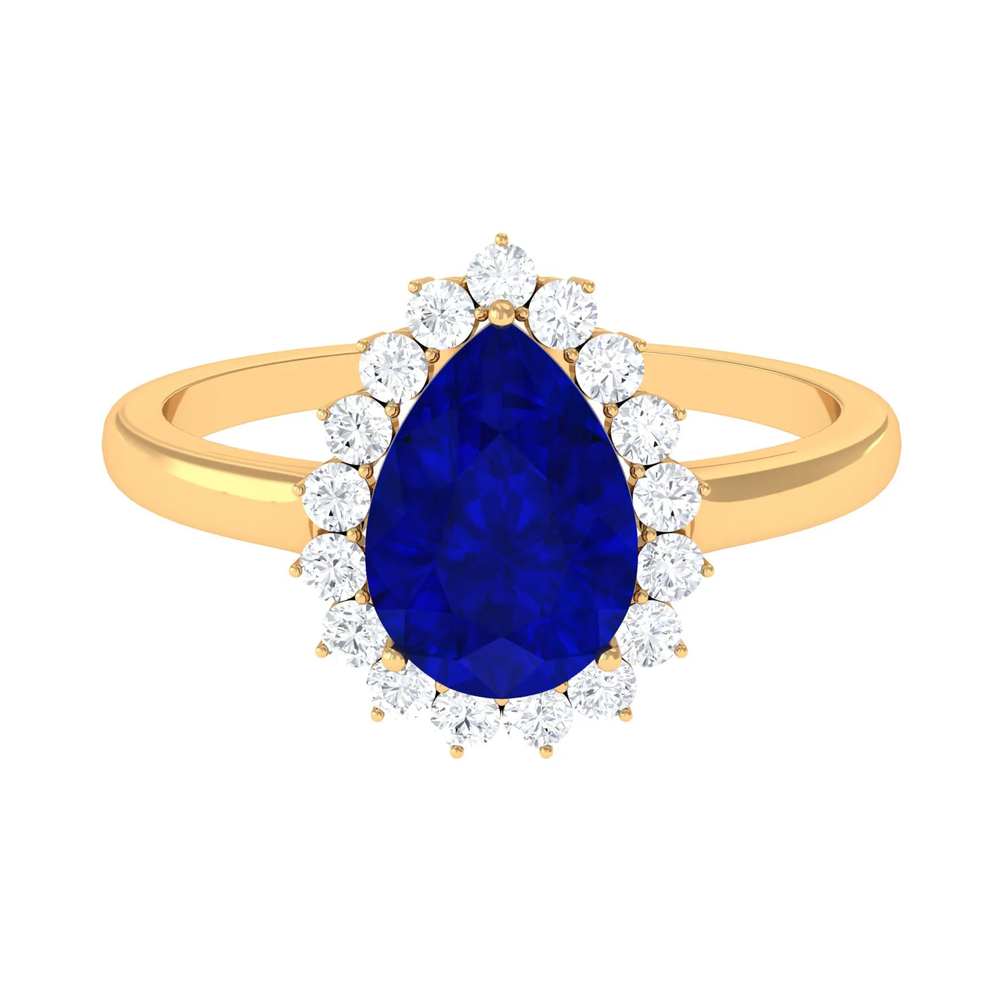 Created Blue Sapphire and Diamond Halo Teardrop Ring