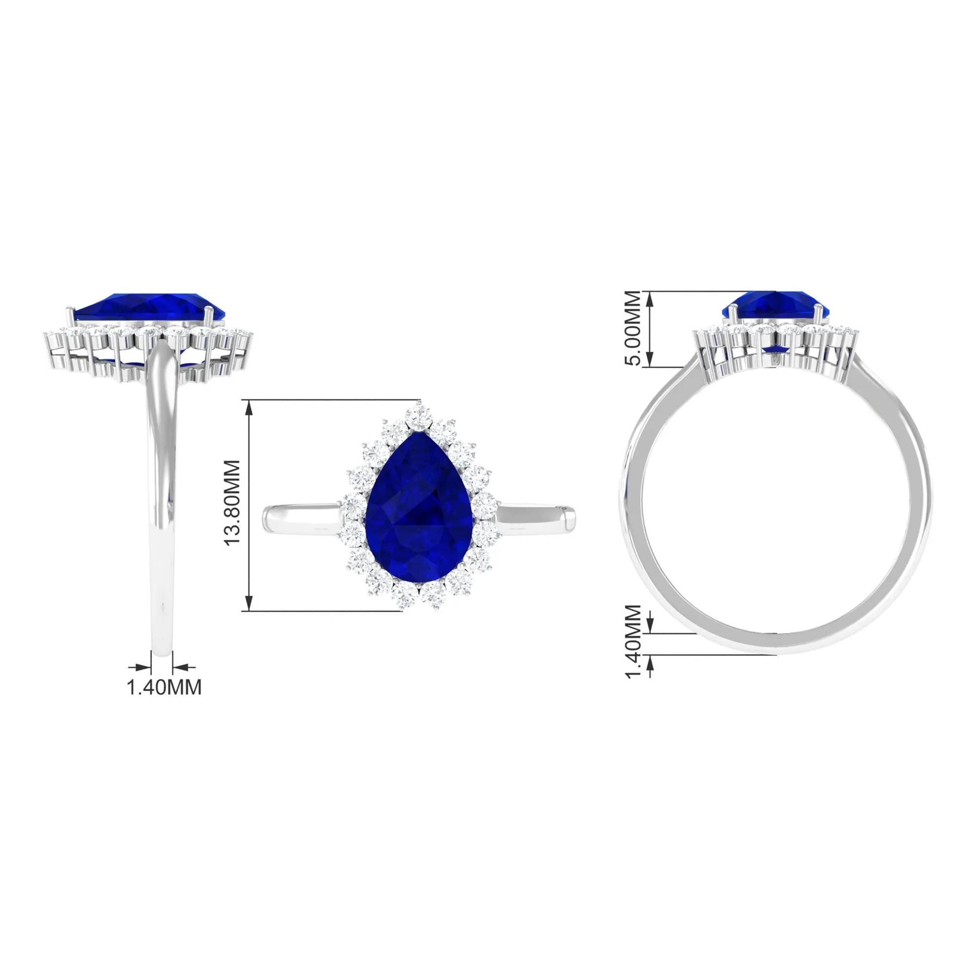 Created Blue Sapphire and Diamond Halo Teardrop Ring