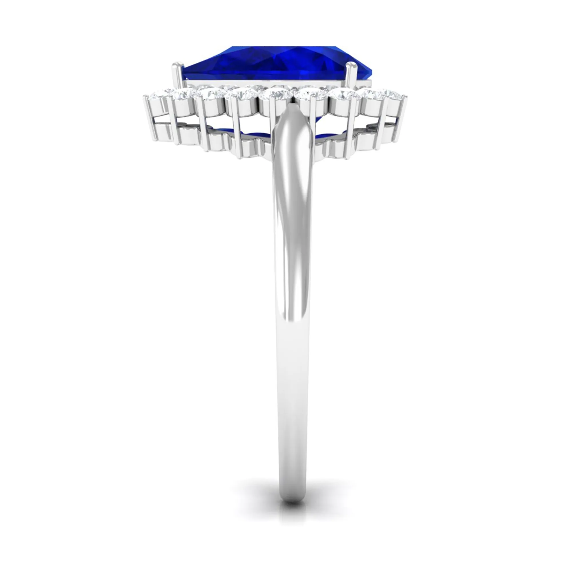 Created Blue Sapphire and Diamond Halo Teardrop Ring