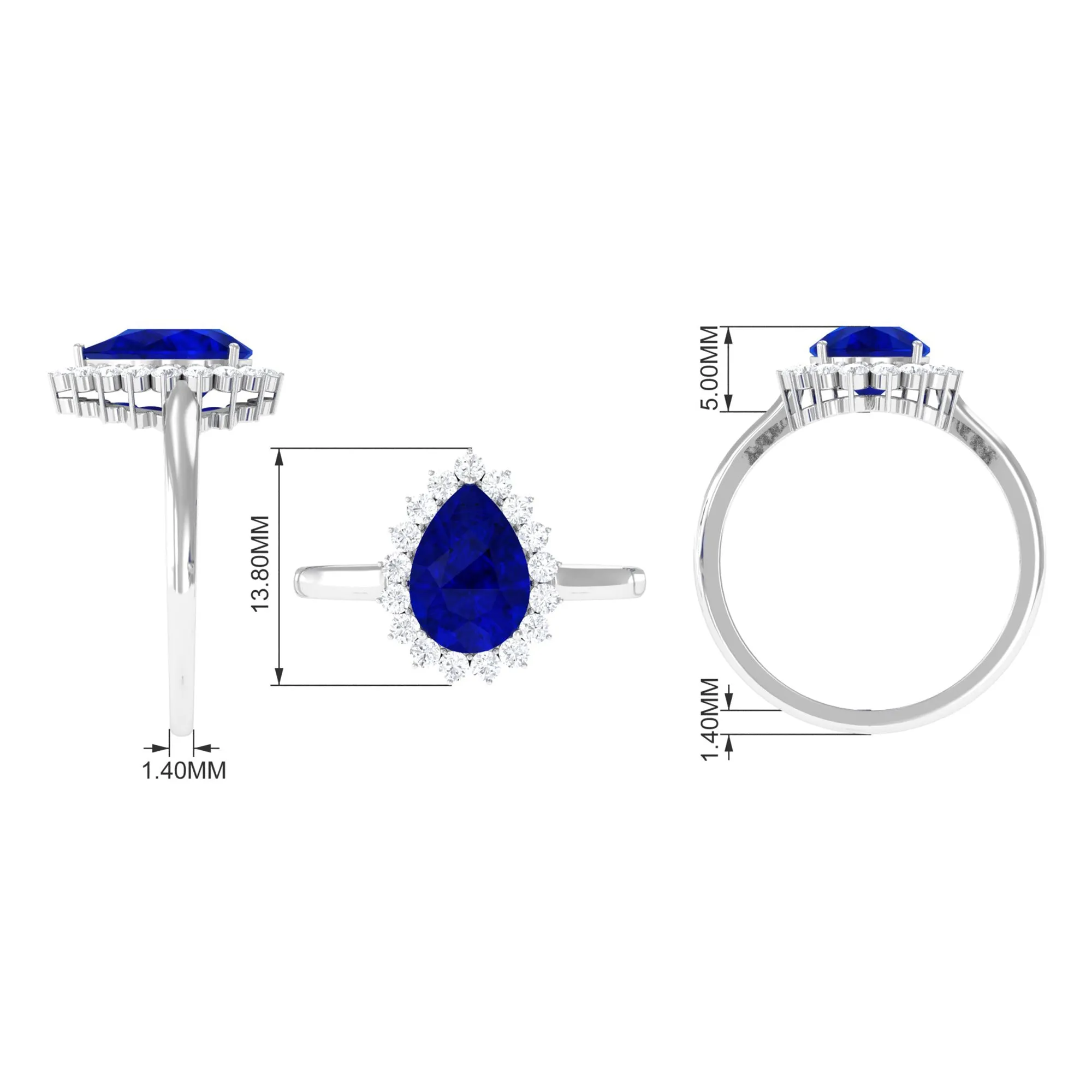 Created Blue Sapphire and Diamond Halo Teardrop Ring