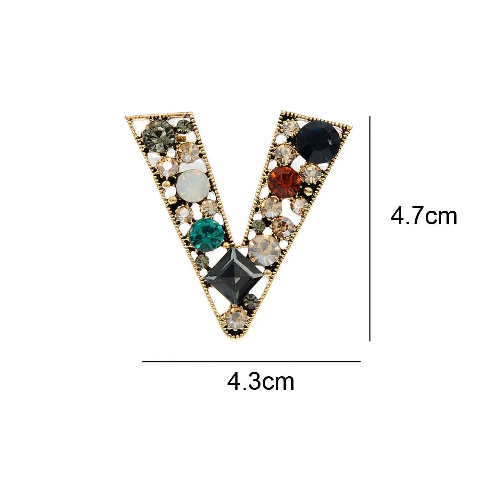 Crystal Letter V Brooches For Women Vintage Shining Fashion Pin Coat Accessories