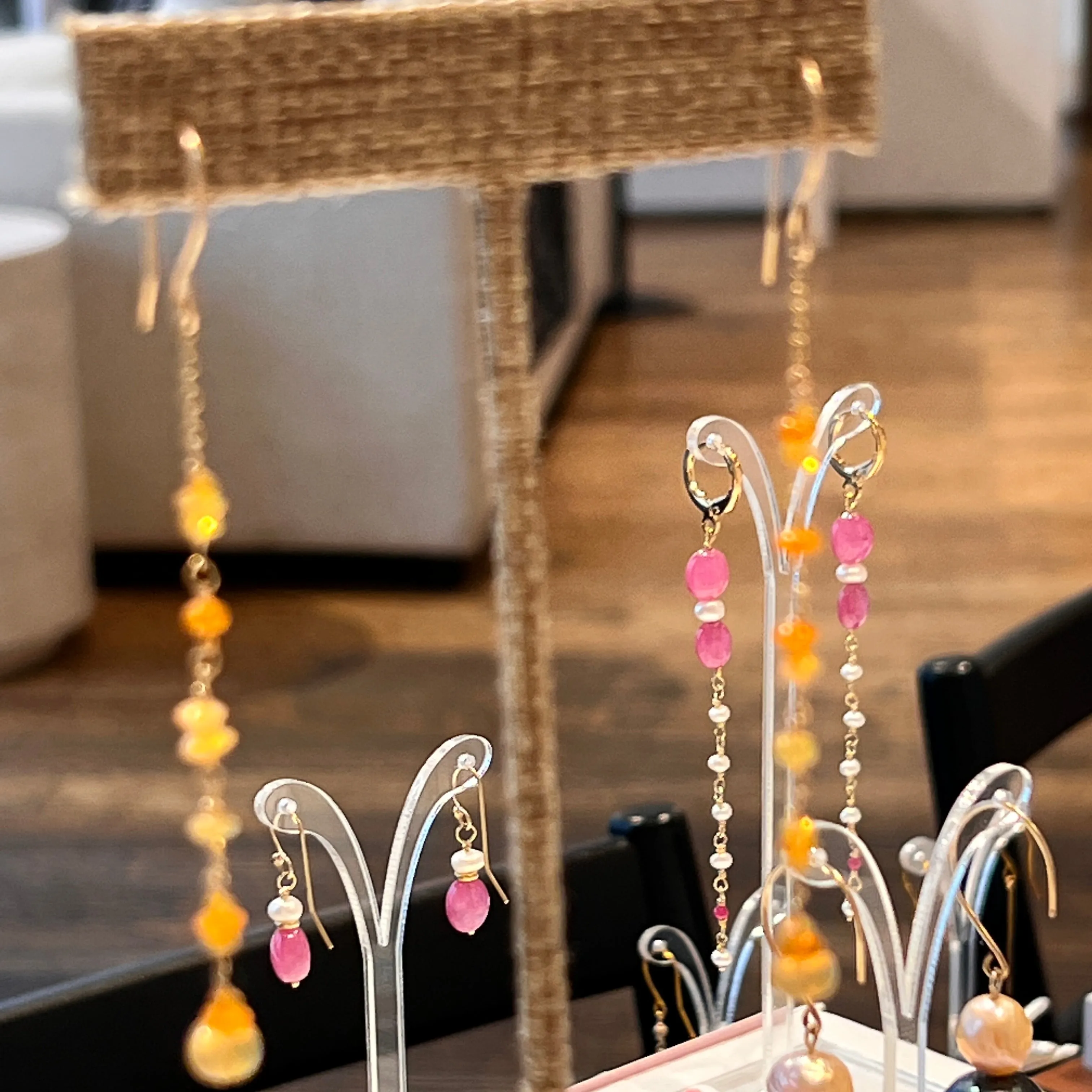 Delicate Long Orange Welo Opal Station Drop Earrings