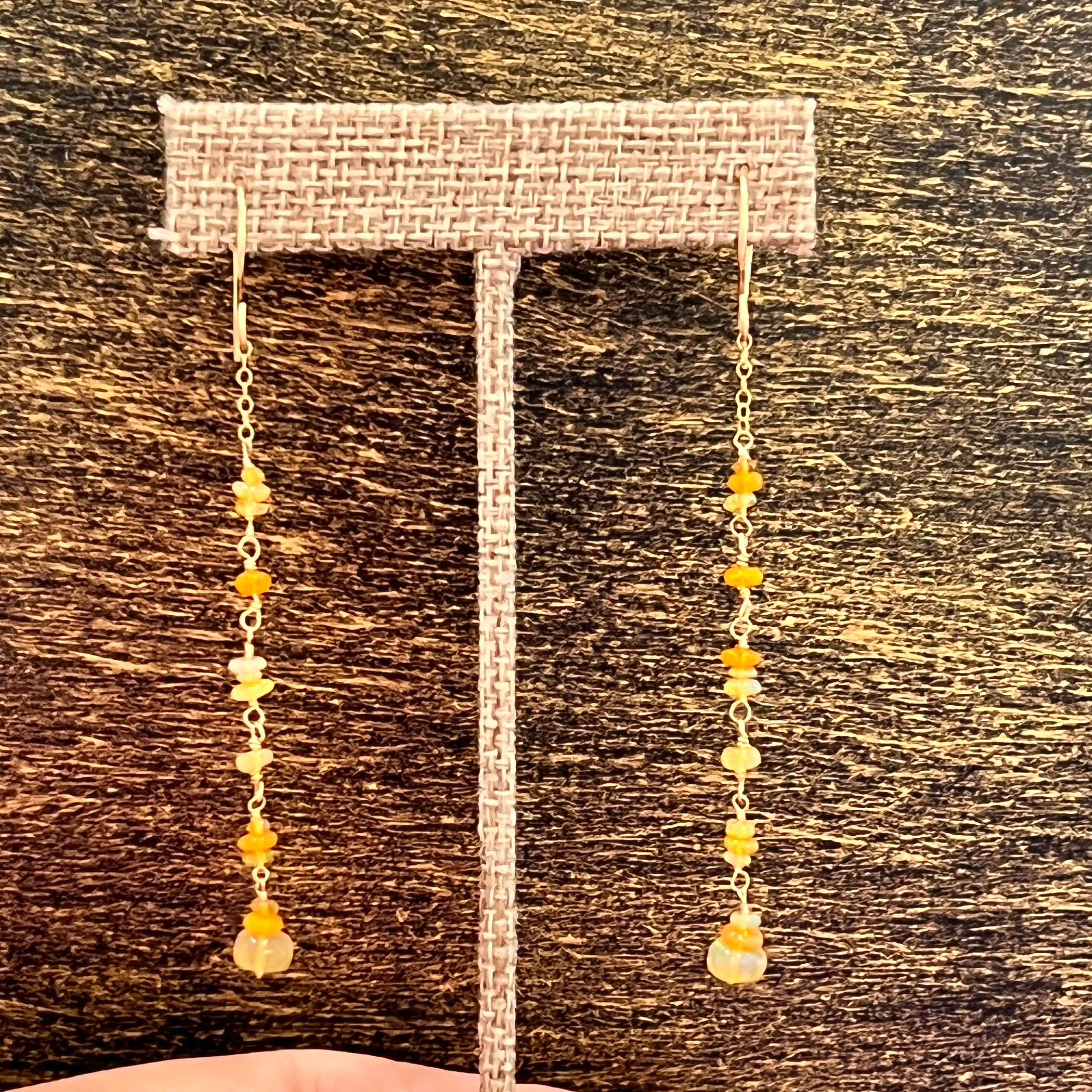 Delicate Long Orange Welo Opal Station Drop Earrings
