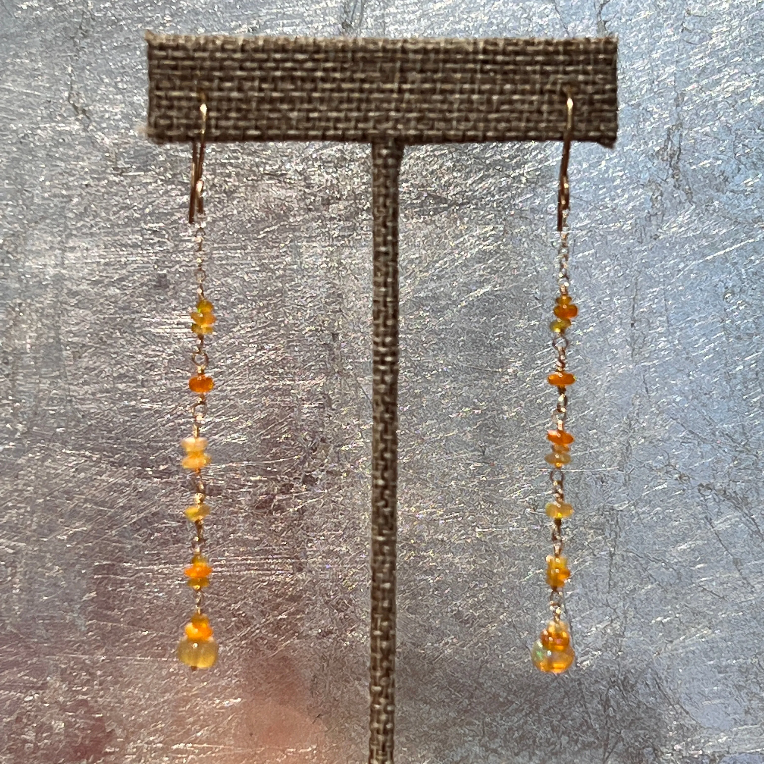 Delicate Long Orange Welo Opal Station Drop Earrings