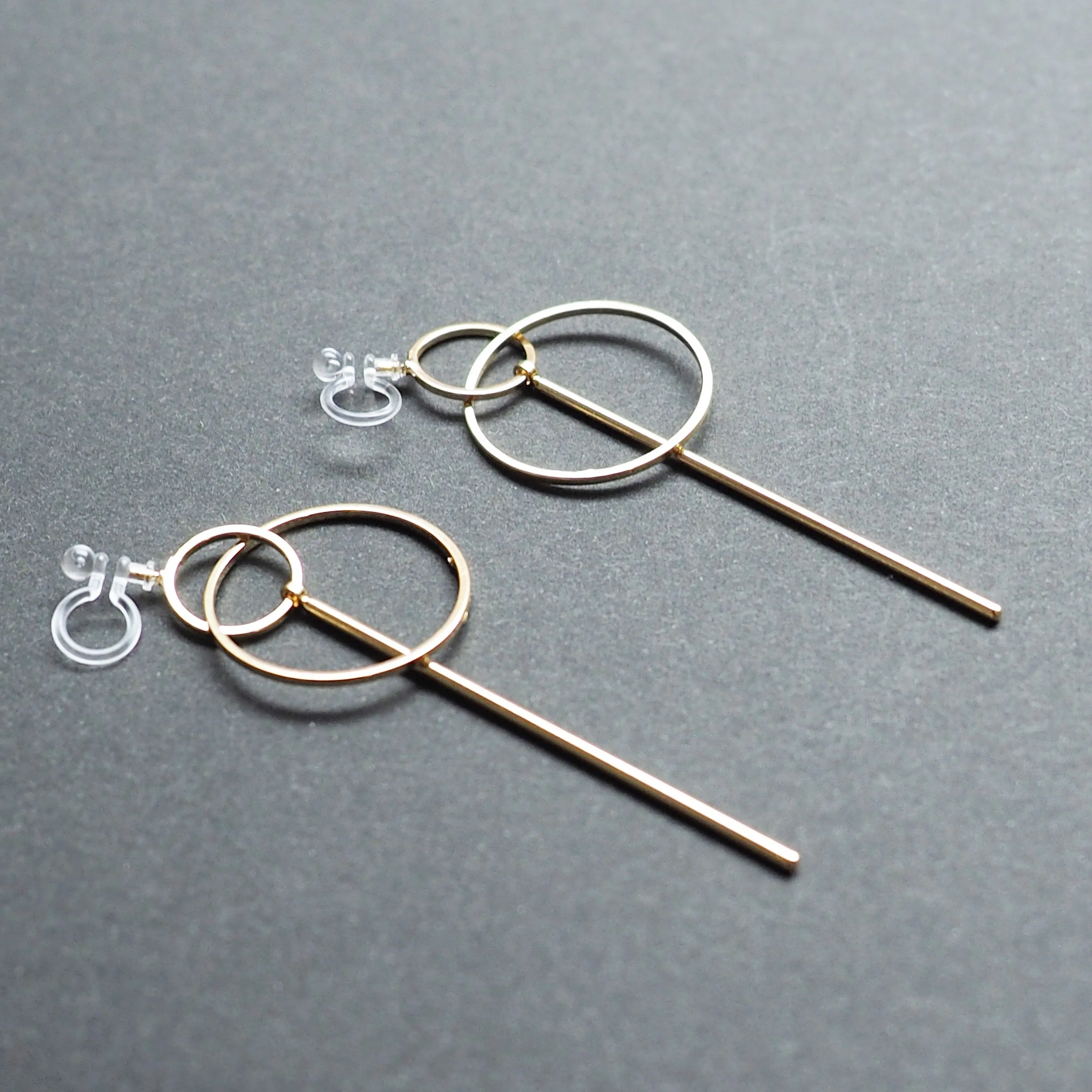 Double hoop with bar invisible clip on stud earrings ( Gold tone )