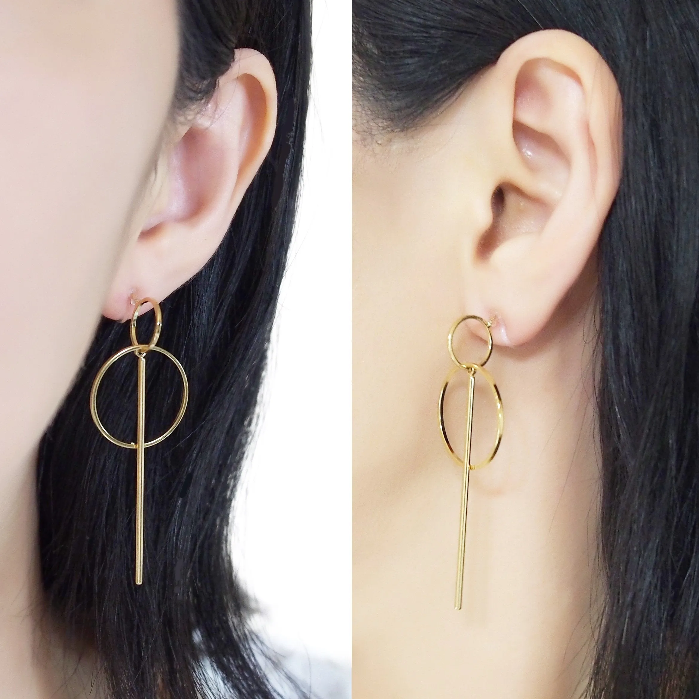 Double hoop with bar invisible clip on stud earrings ( Gold tone )