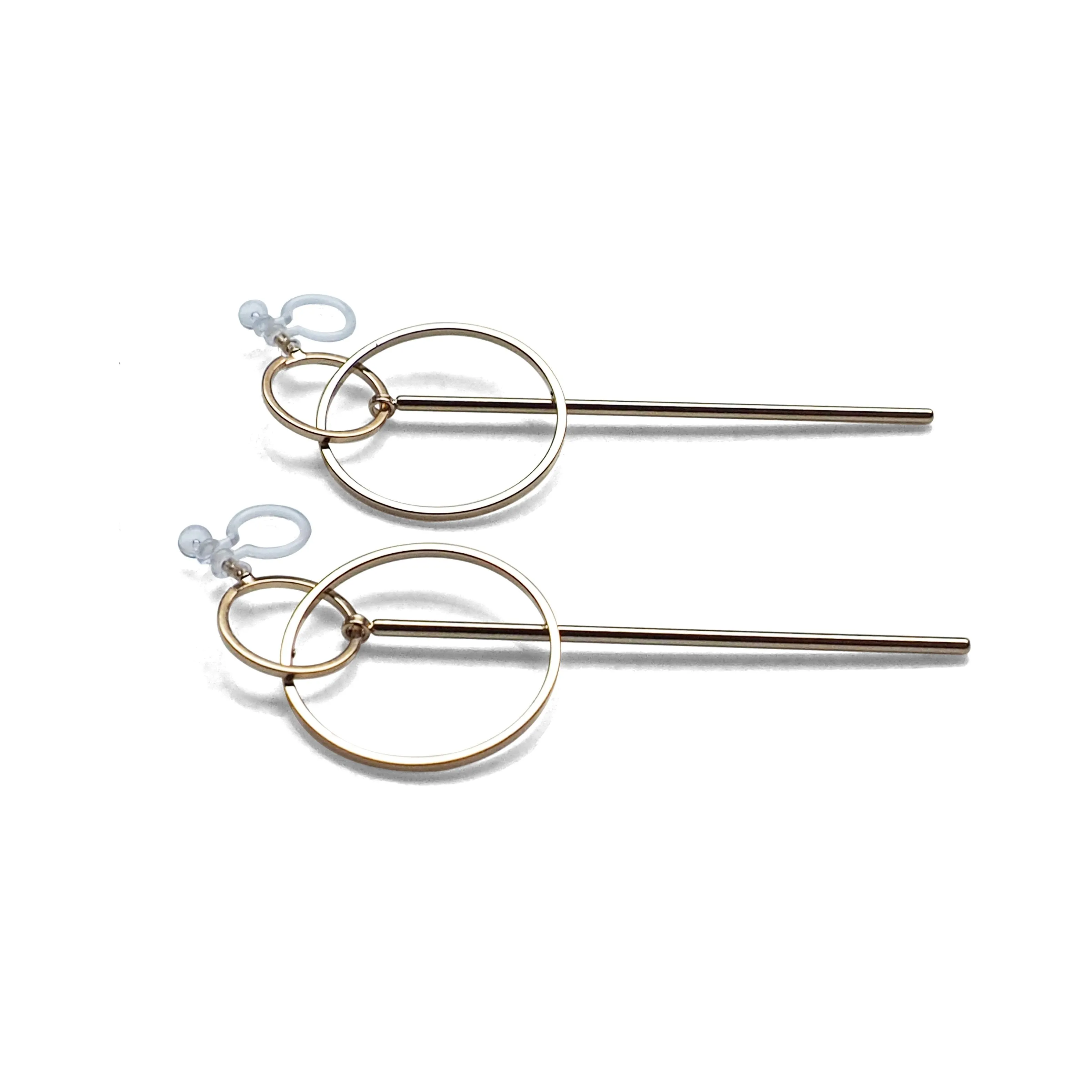 Double hoop with bar invisible clip on stud earrings ( Gold tone )