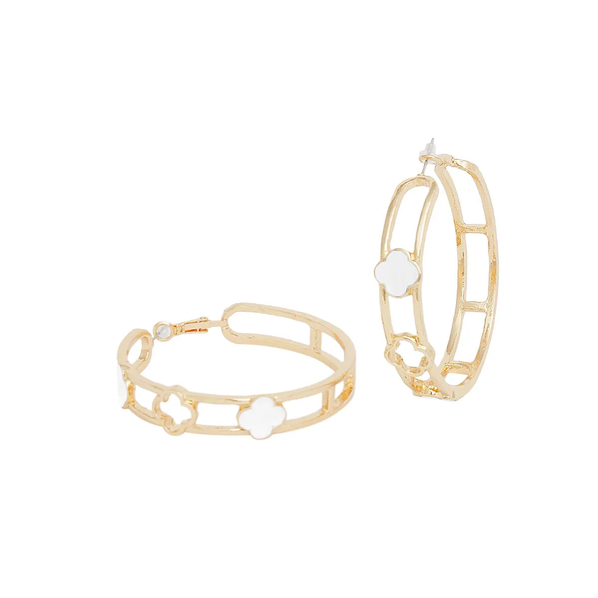 Elevate Your Style with Chic Gold-Tone White Clover Hoop Earrings