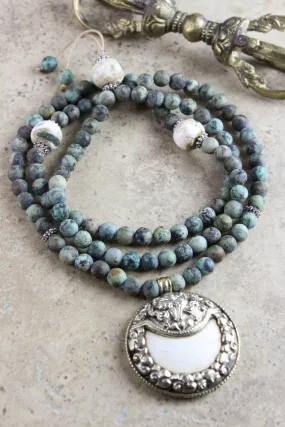 Encouraging African Turquoise Mala with Naga Shell Pendant