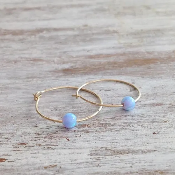 Gold blue opal hoop 14k gold filled earrings