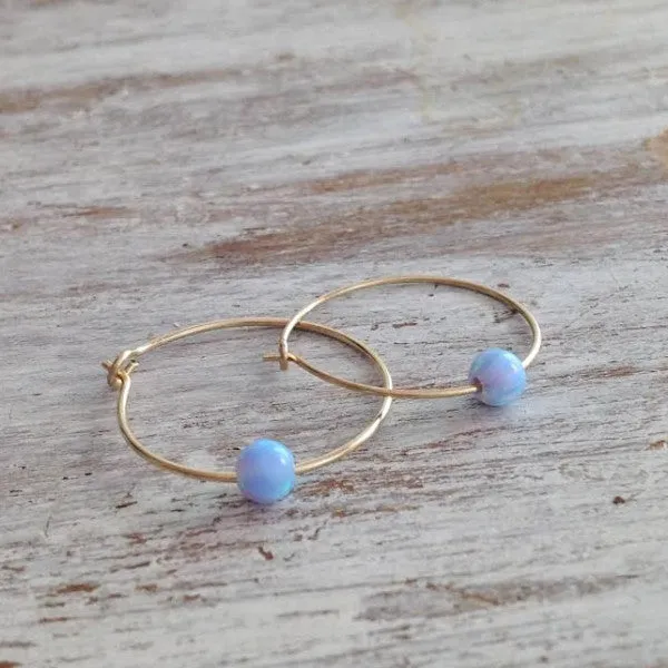 Gold blue opal hoop 14k gold filled earrings