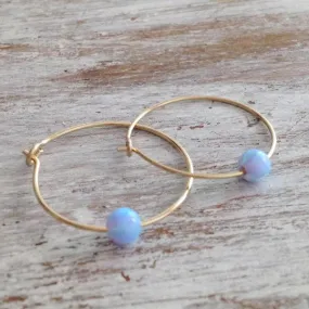 Gold blue opal hoop 14k gold filled earrings