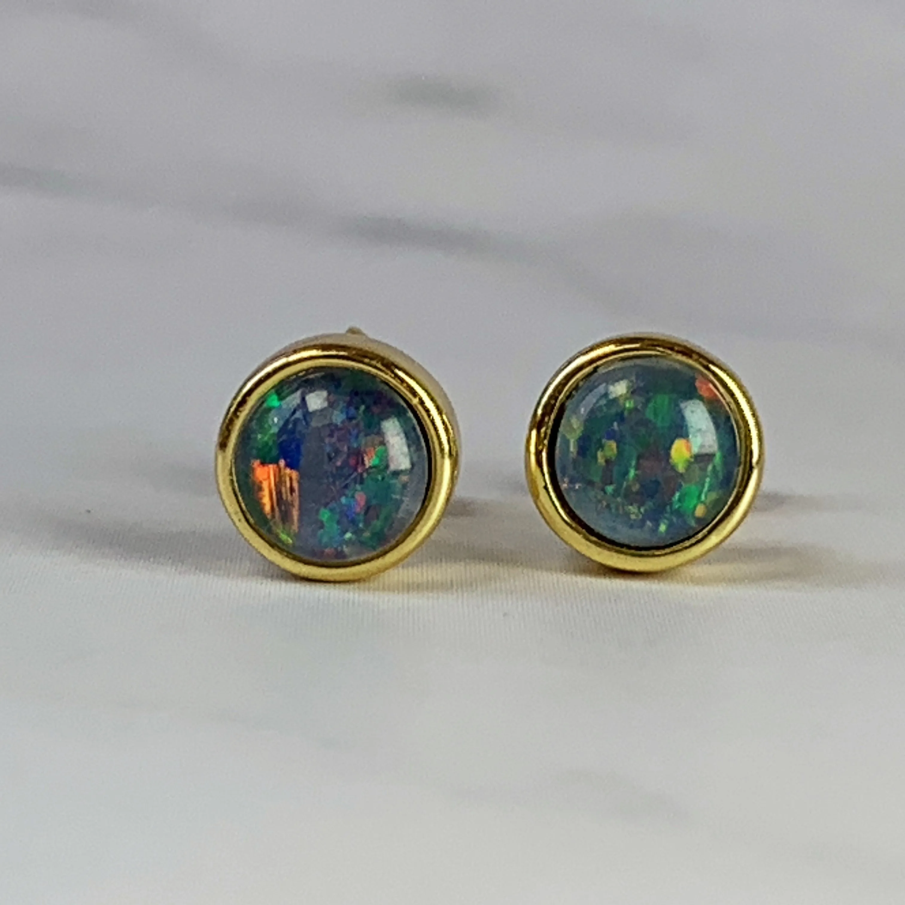 Gold plated silver 5mm Opal triplet bezel set studs