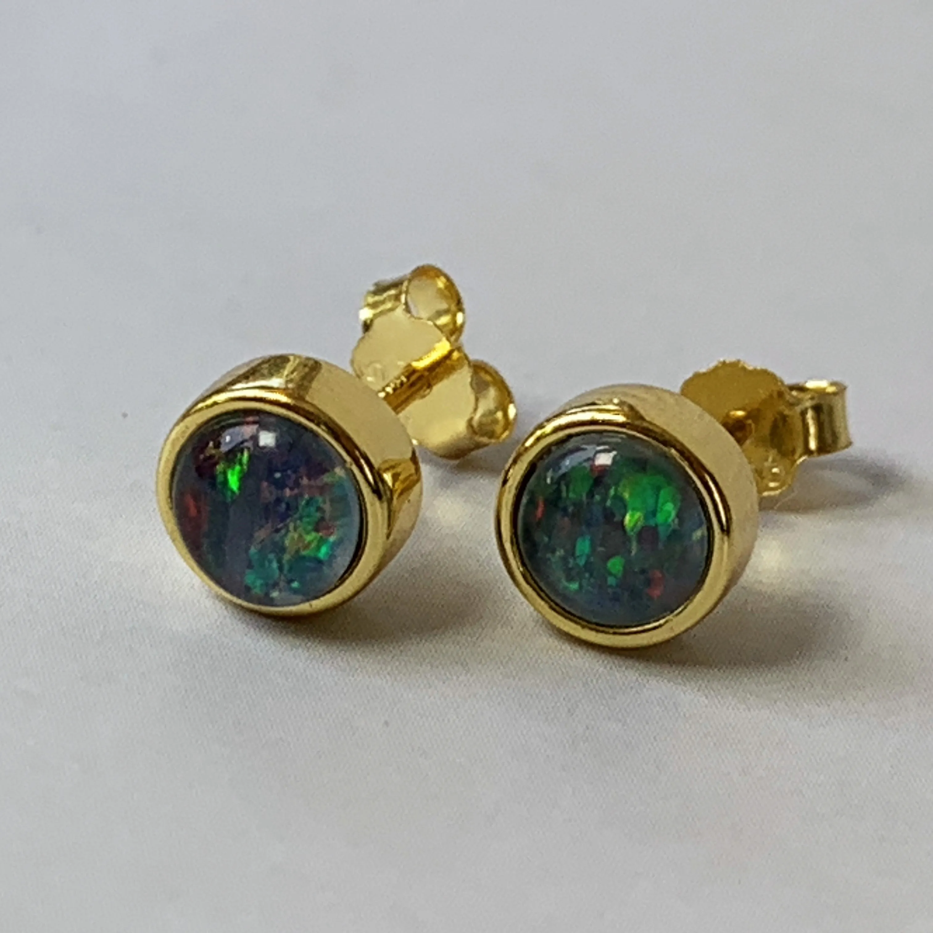 Gold plated silver 5mm Opal triplet bezel set studs