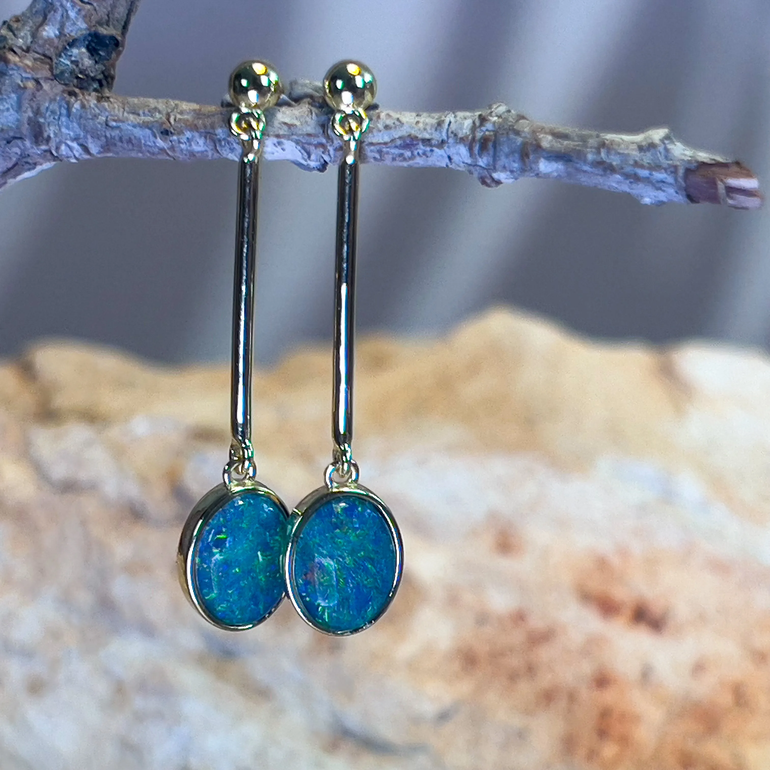 Gold Plated Sterling Silver Dangle earrings 9x7mm Triplet Opals