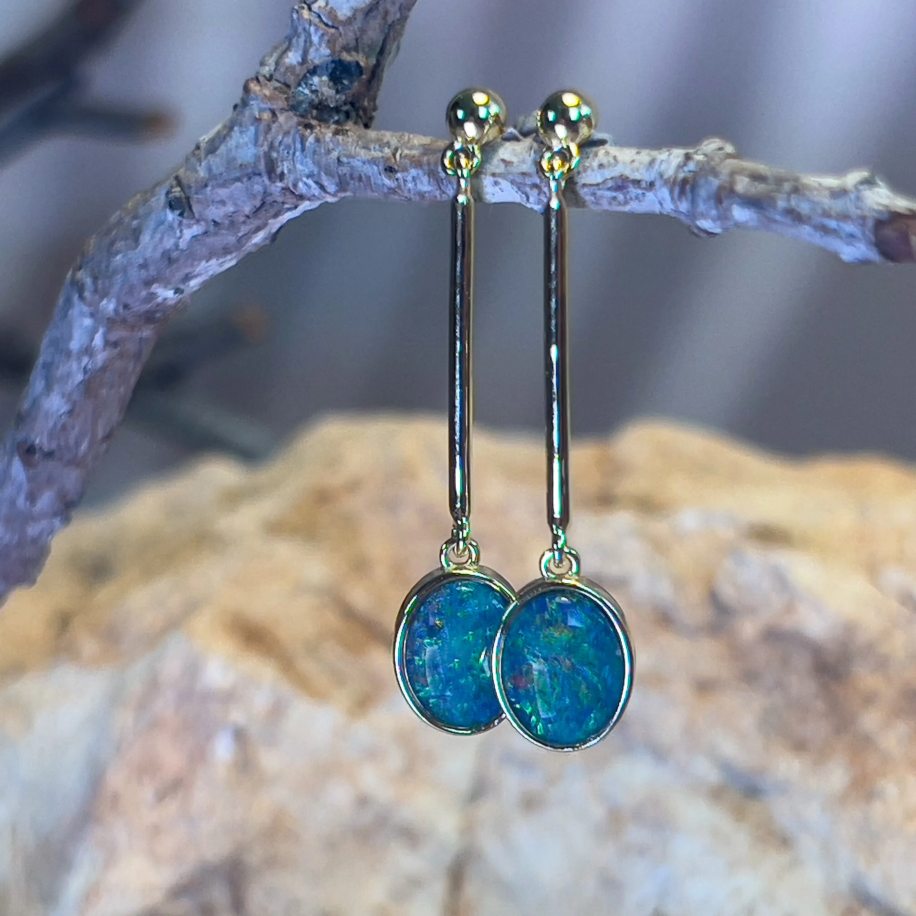 Gold Plated Sterling Silver Dangle earrings 9x7mm Triplet Opals