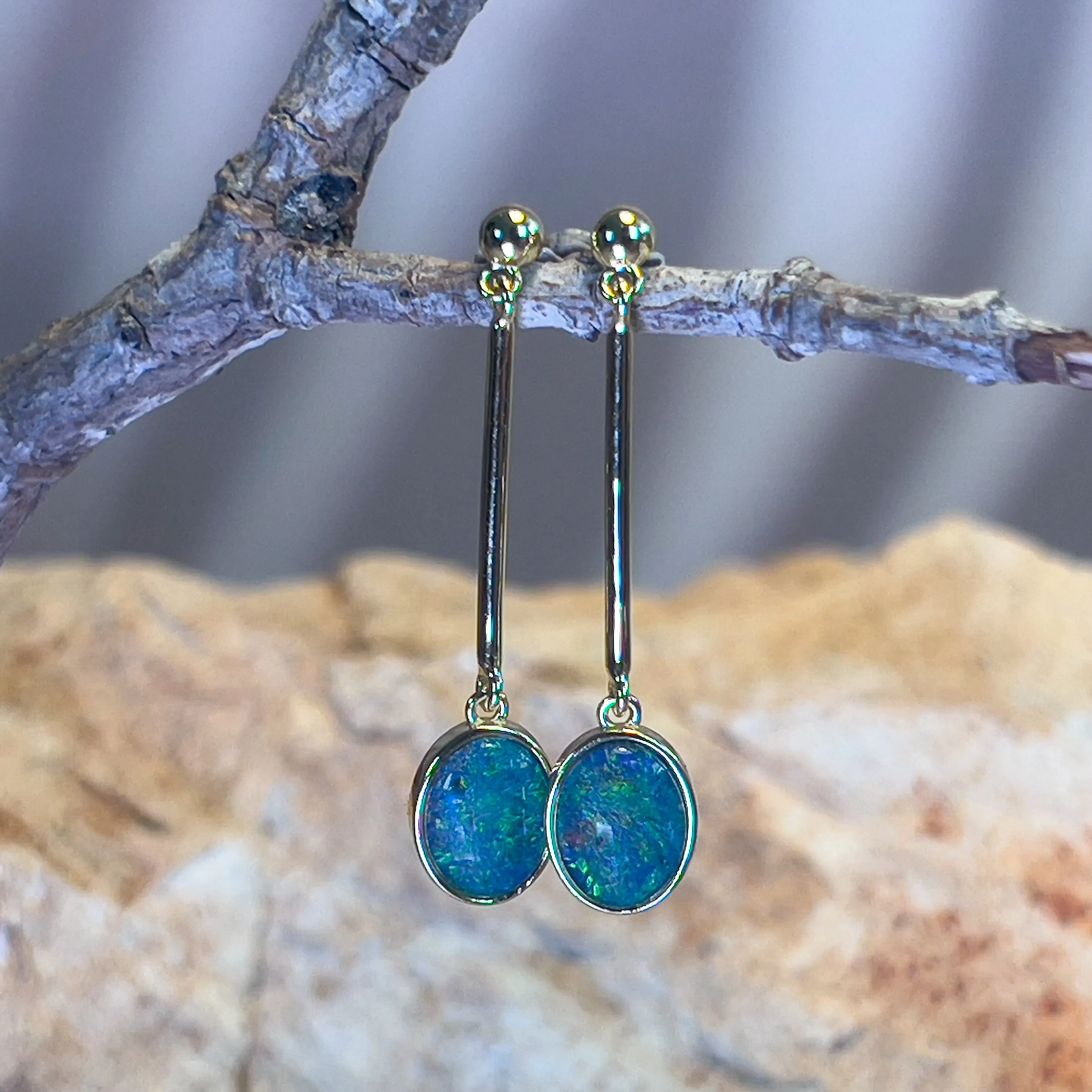 Gold Plated Sterling Silver Dangle earrings 9x7mm Triplet Opals