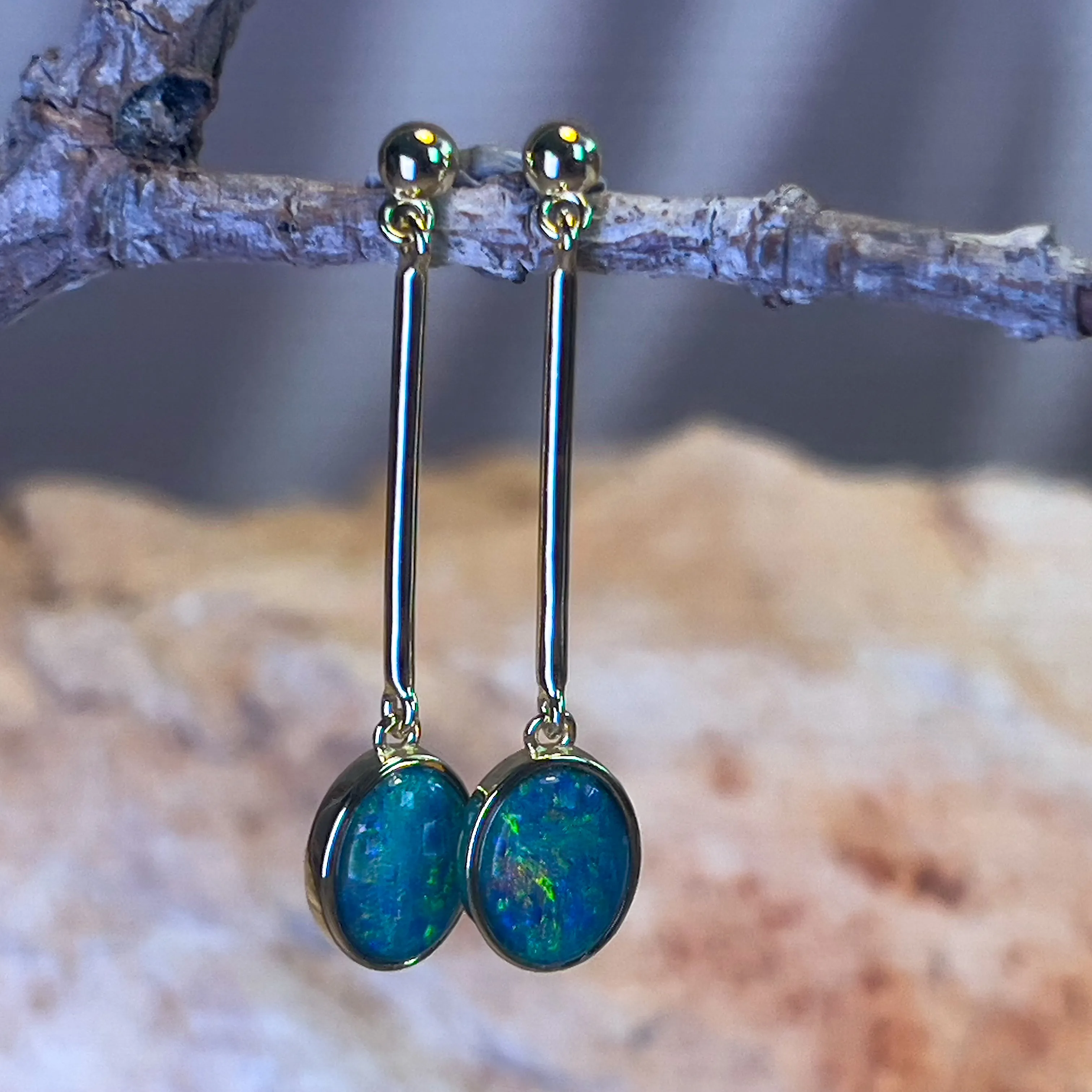 Gold Plated Sterling Silver Dangle earrings 9x7mm Triplet Opals