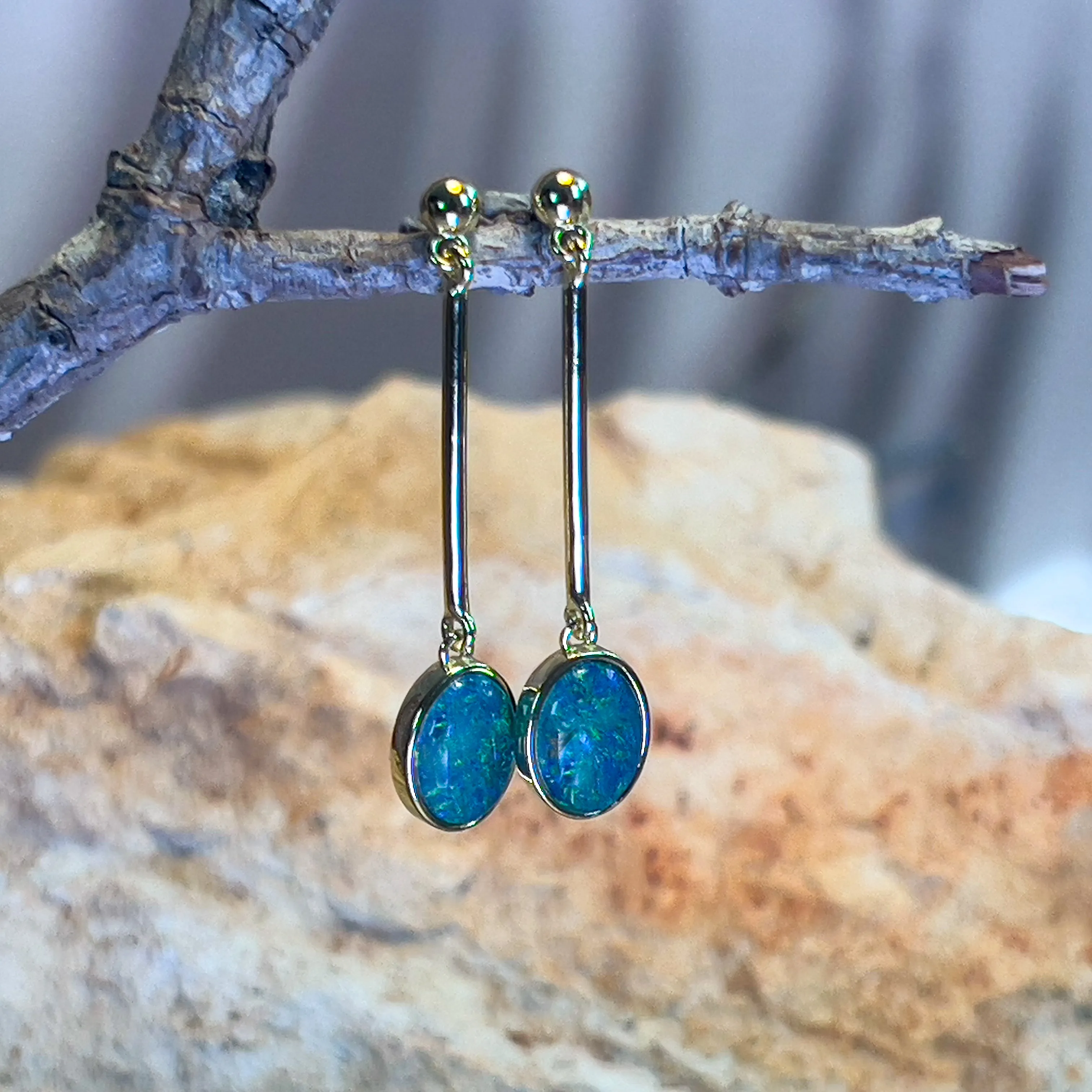 Gold Plated Sterling Silver Dangle earrings 9x7mm Triplet Opals