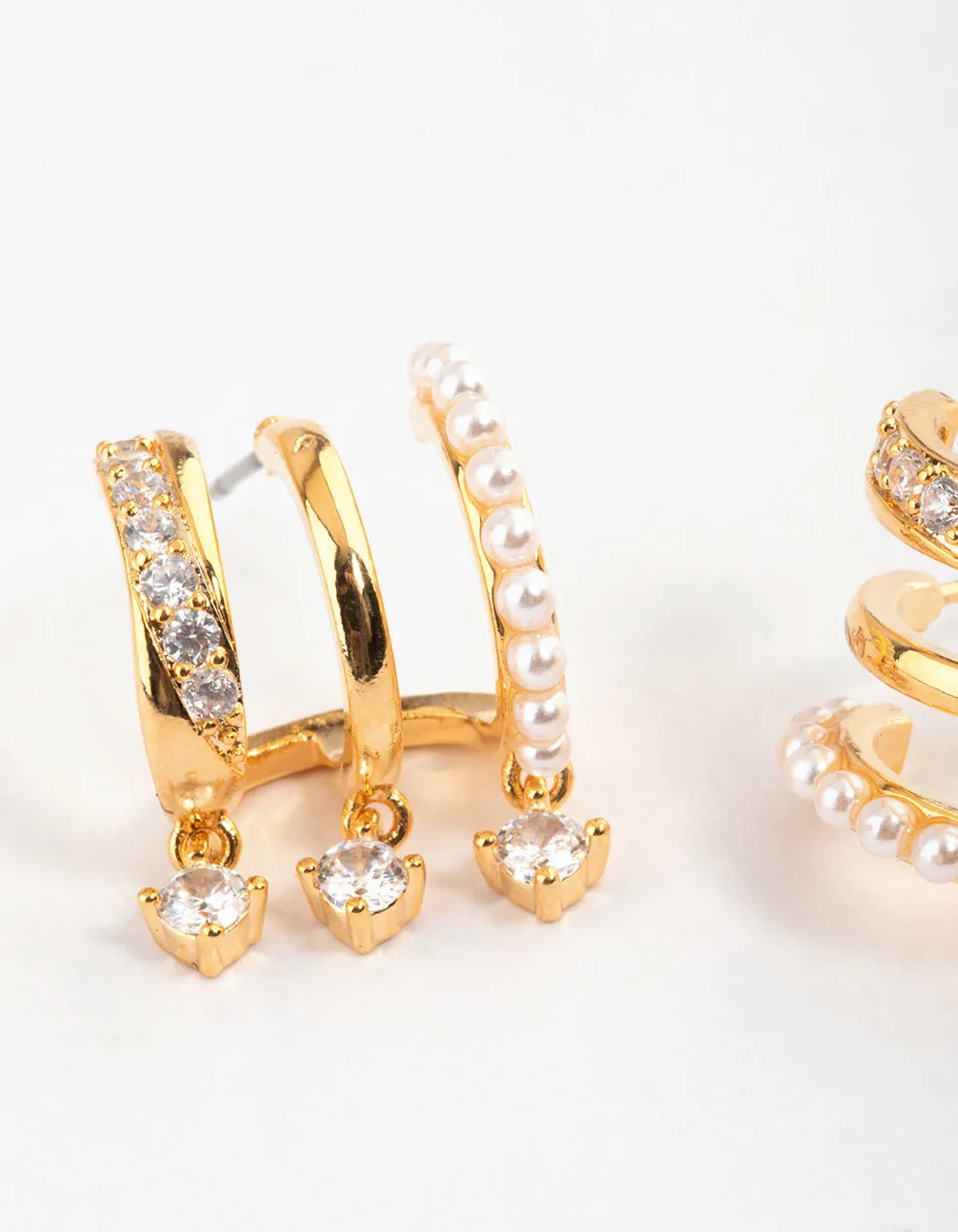 Gold Plated Trio Pearl Diamante Drop Earrings