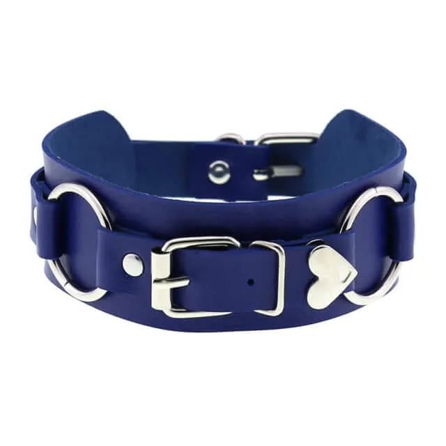 Goth 'All the Way' Heart Buckle Black or Blue PU Choker