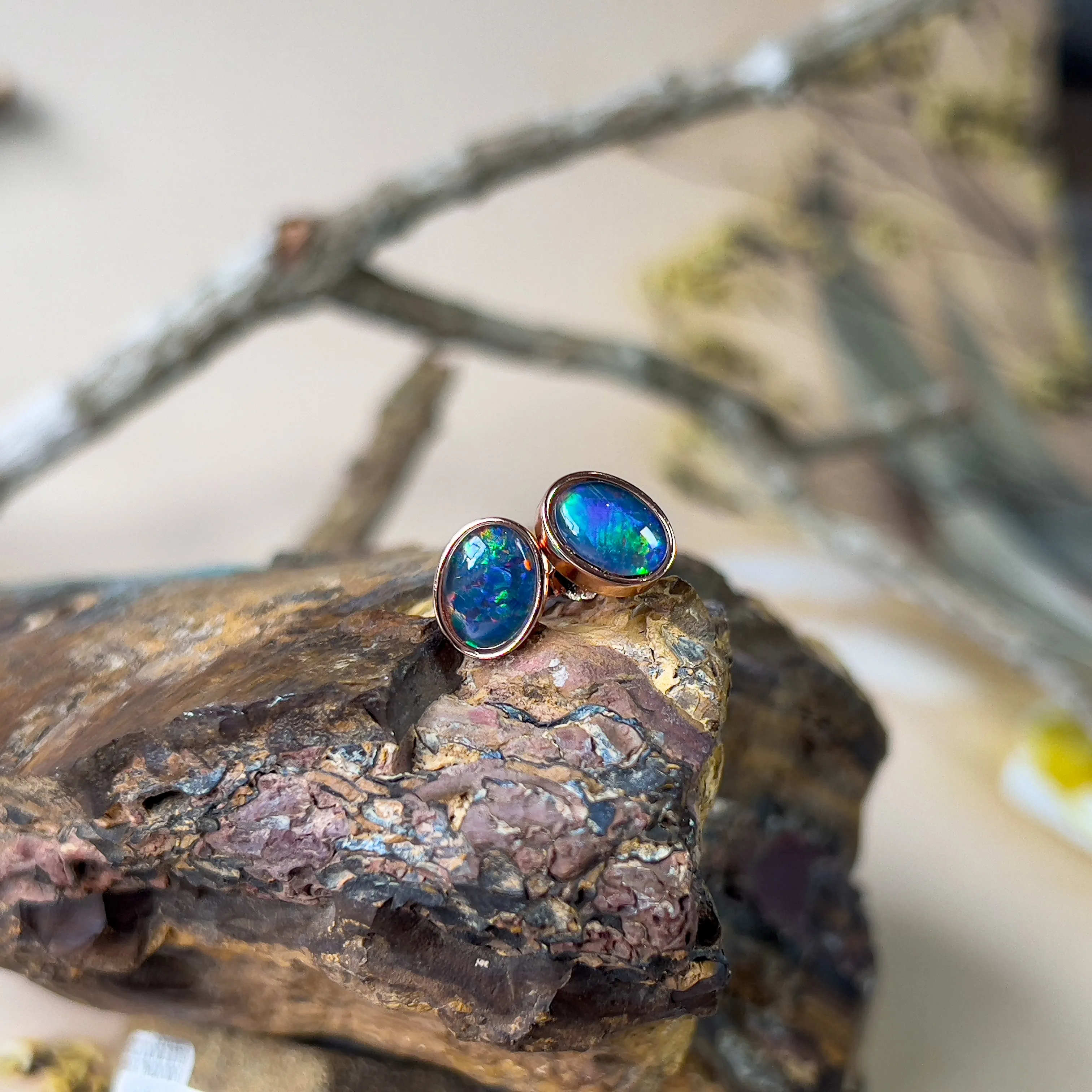 Handmade Opal Stud Earrings - Rose Gold/Silver | Dainty & Minimalist | Cute Gift for Her | Crystal & Fire Opal Jewelry8x6mm