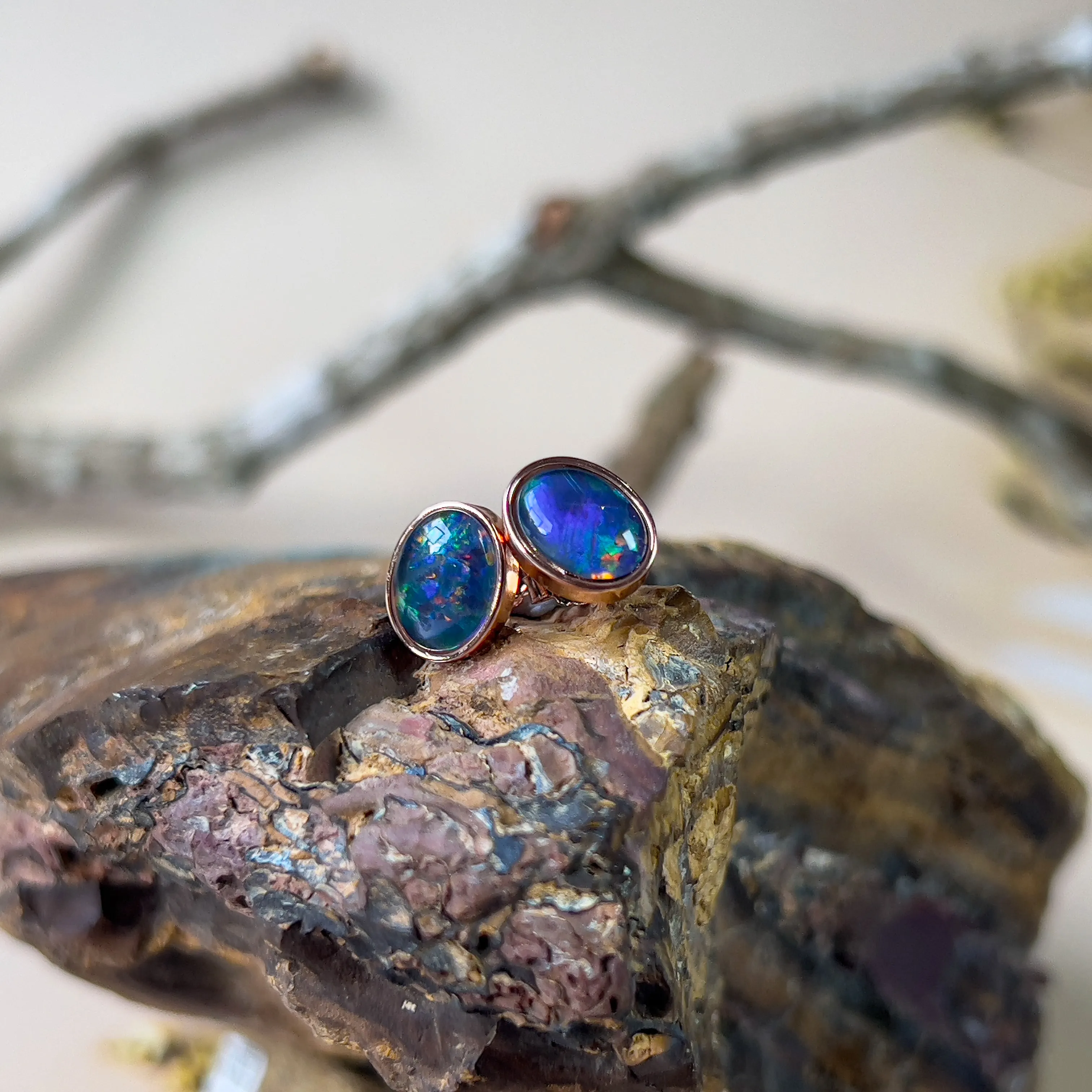 Handmade Opal Stud Earrings - Rose Gold/Silver | Dainty & Minimalist | Cute Gift for Her | Crystal & Fire Opal Jewelry8x6mm