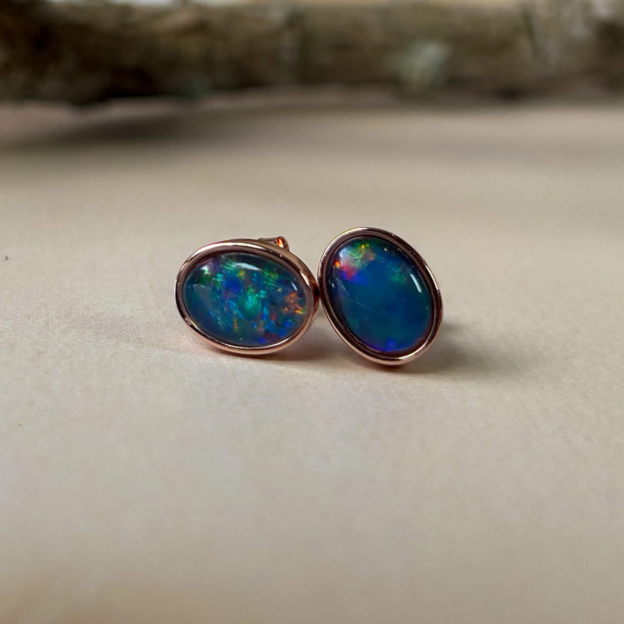 Handmade Opal Stud Earrings - Rose Gold/Silver | Dainty & Minimalist | Cute Gift for Her | Crystal & Fire Opal Jewelry8x6mm