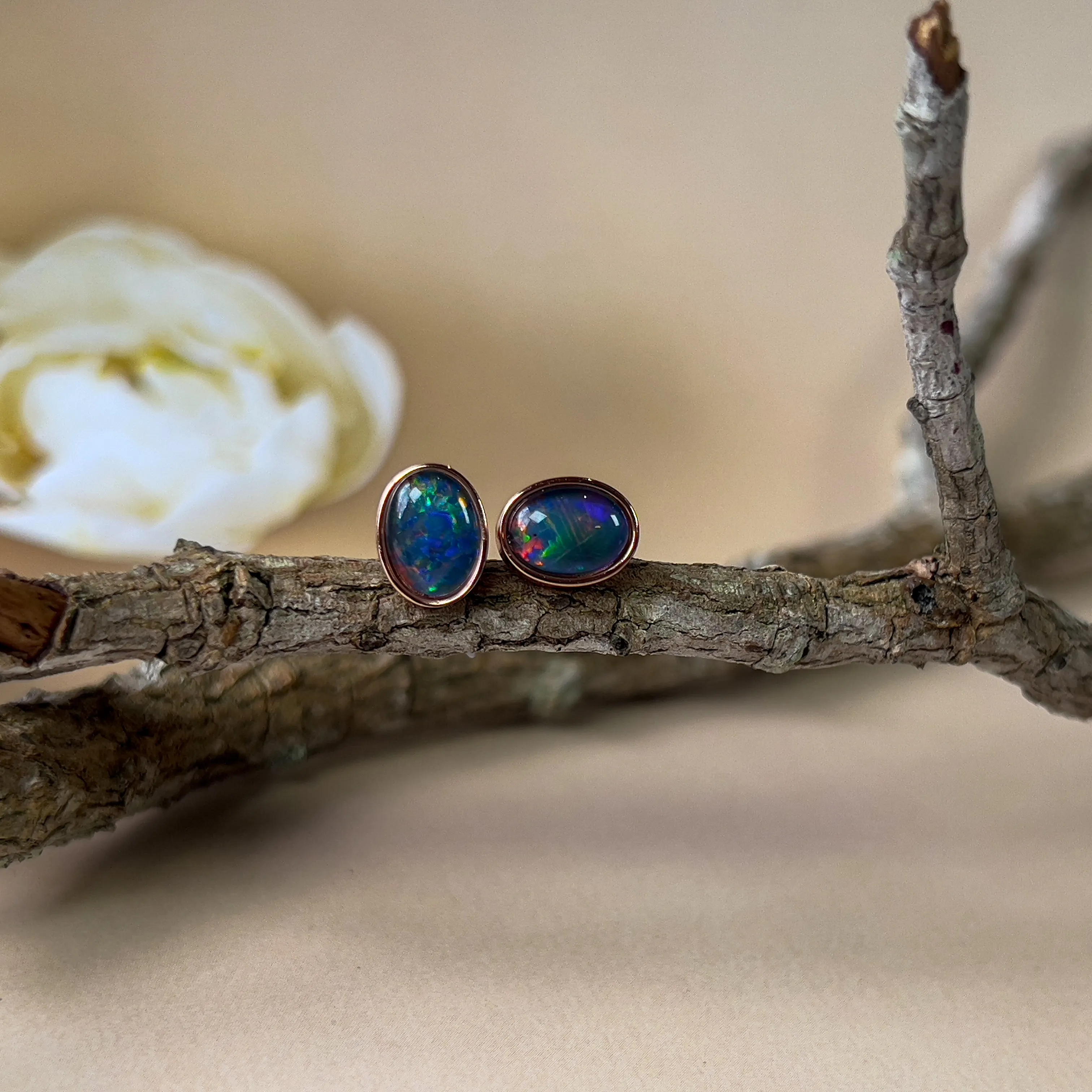 Handmade Opal Stud Earrings - Rose Gold/Silver | Dainty & Minimalist | Cute Gift for Her | Crystal & Fire Opal Jewelry8x6mm