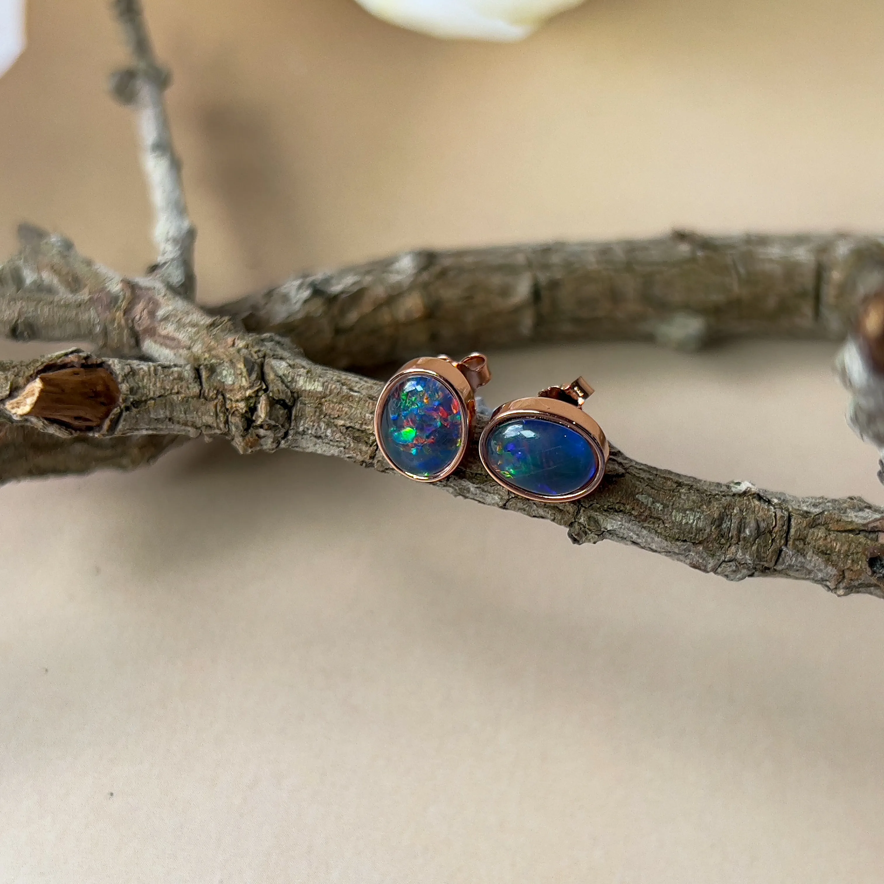 Handmade Opal Stud Earrings - Rose Gold/Silver | Dainty & Minimalist | Cute Gift for Her | Crystal & Fire Opal Jewelry8x6mm
