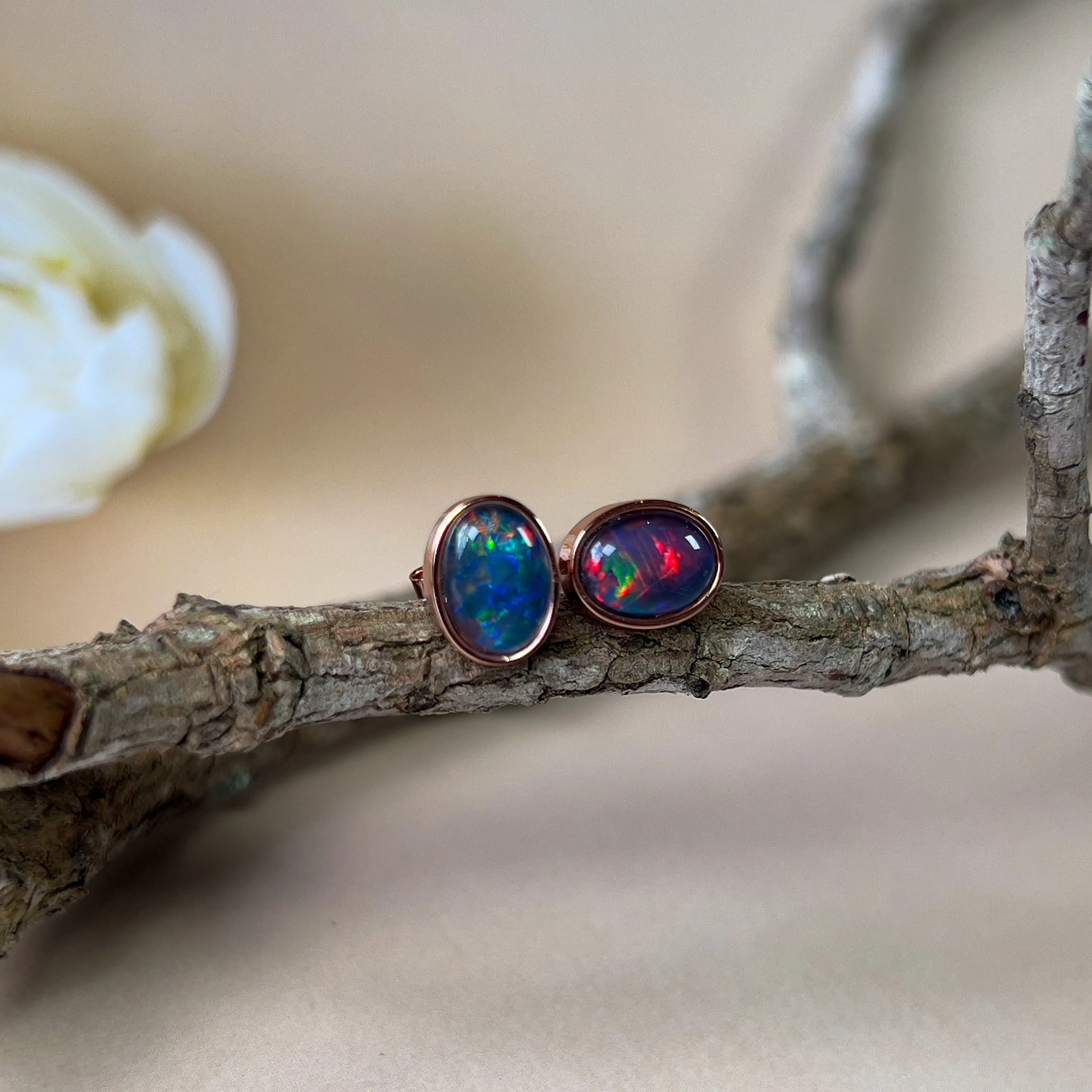 Handmade Opal Stud Earrings - Rose Gold/Silver | Dainty & Minimalist | Cute Gift for Her | Crystal & Fire Opal Jewelry8x6mm
