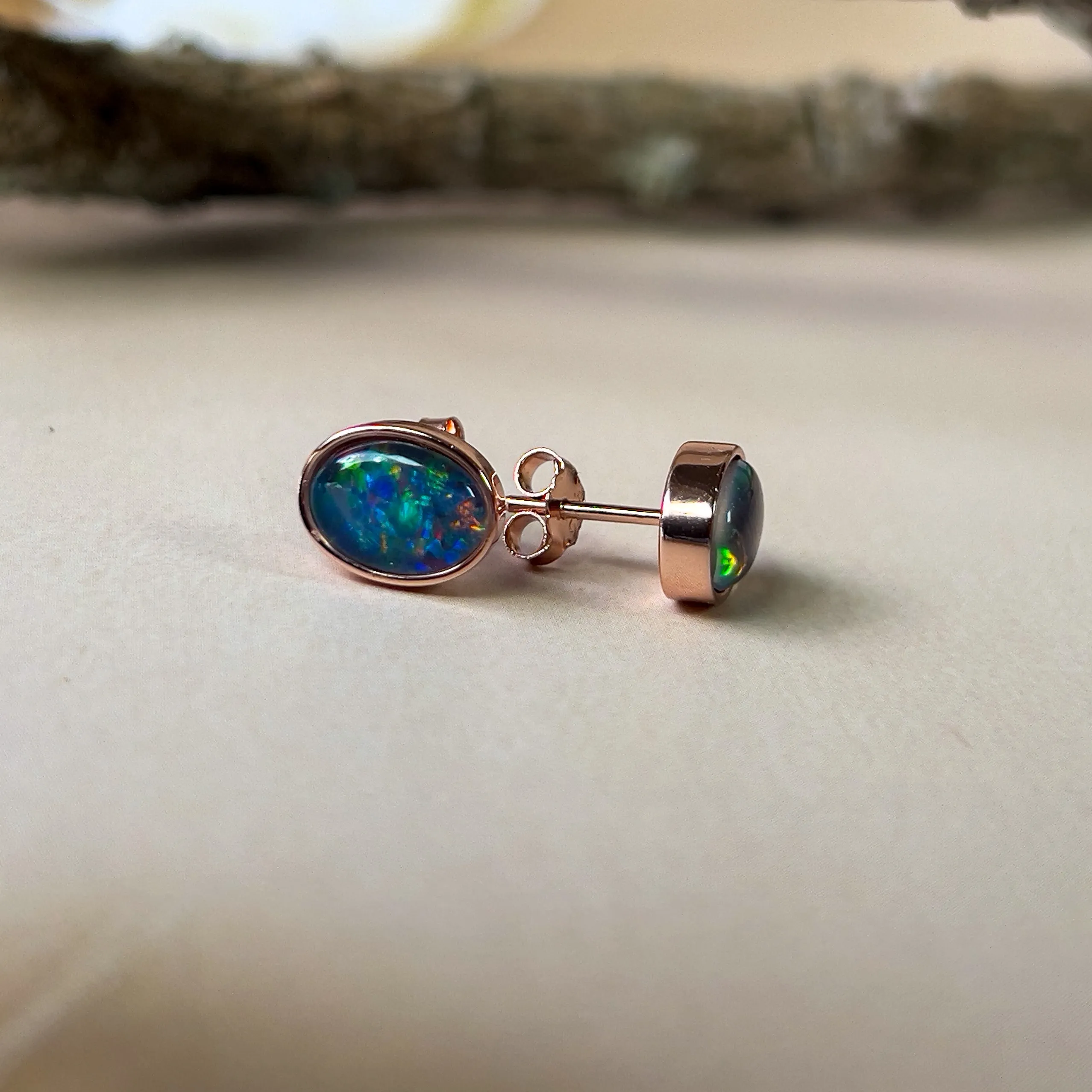Handmade Opal Stud Earrings - Rose Gold/Silver | Dainty & Minimalist | Cute Gift for Her | Crystal & Fire Opal Jewelry8x6mm